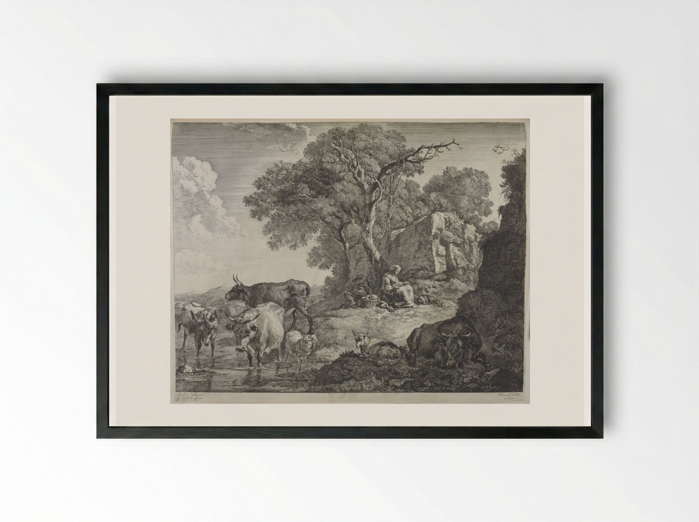 Sleeping Herdsman and Woman at the Foot of a Tree - Johannes Visscher - Framed Print Black