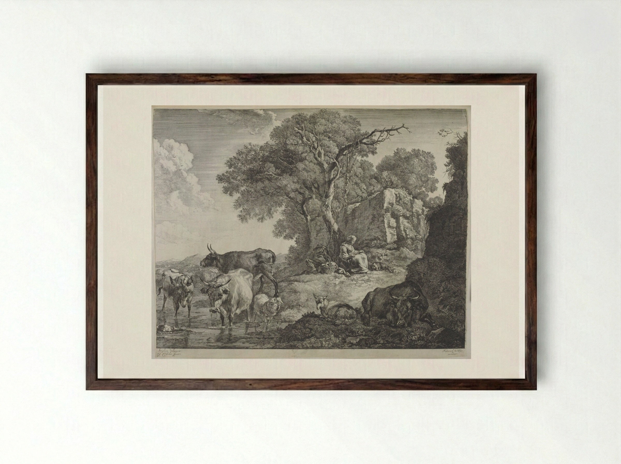Sleeping Herdsman and Woman at the Foot of a Tree - Johannes Visscher - Framed Print Dark Wood