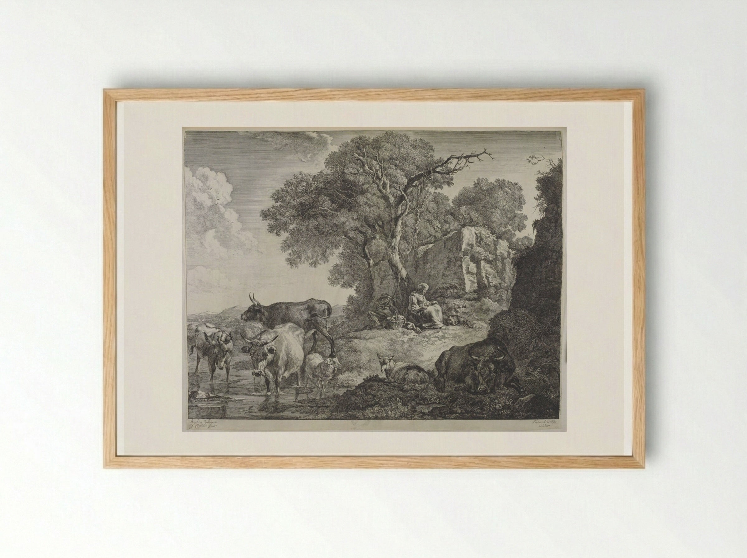 Sleeping Herdsman and Woman at the Foot of a Tree - Johannes Visscher - Framed Print Wood