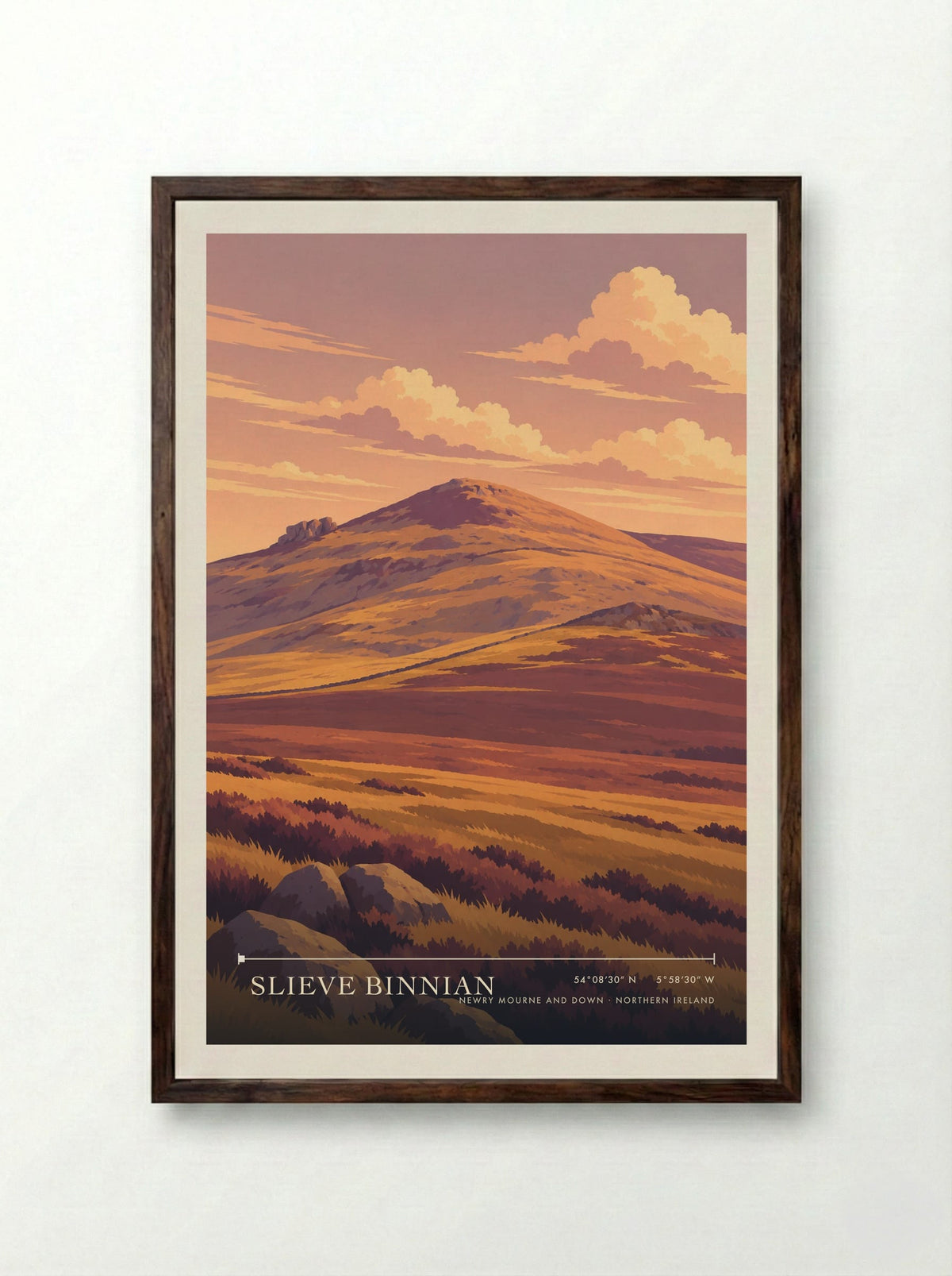 Slieve Binnian, Newry Mourne and Down | Travel Poster - Framed Print Dark Wood