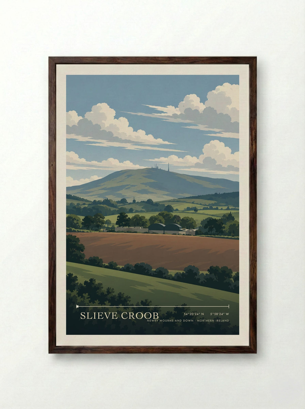 Slieve Croob, Newry Mourne and Down | Travel Poster - Framed Print Dark Wood