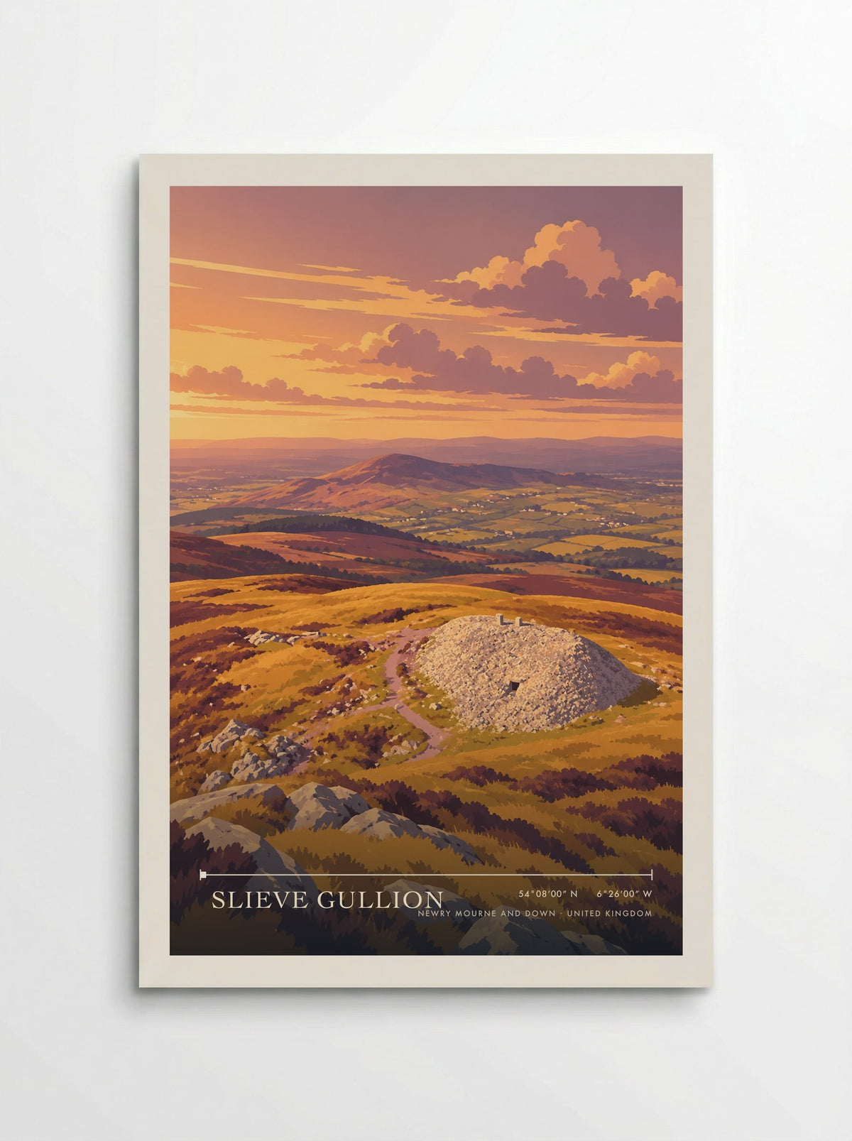 Slieve Gullion, Newry Mourne and Down travel poster: a pale summit cairn, gold grass and purple heather above distant fields in warm evening light