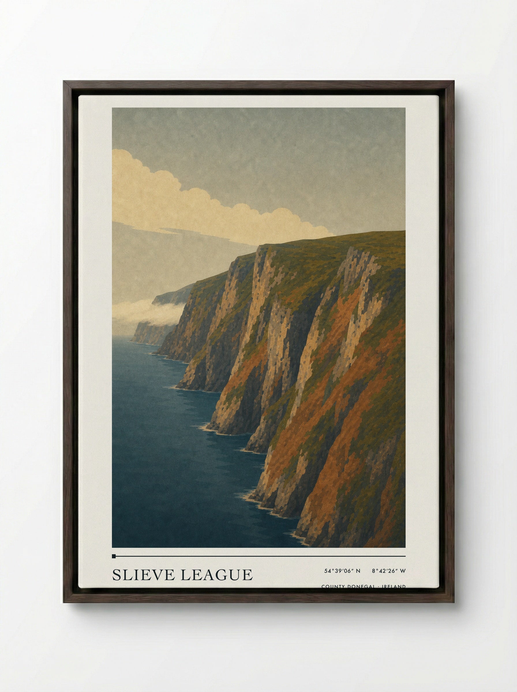 Slieve League Travel Poster Artwork - Framed Canvas Dark Wood