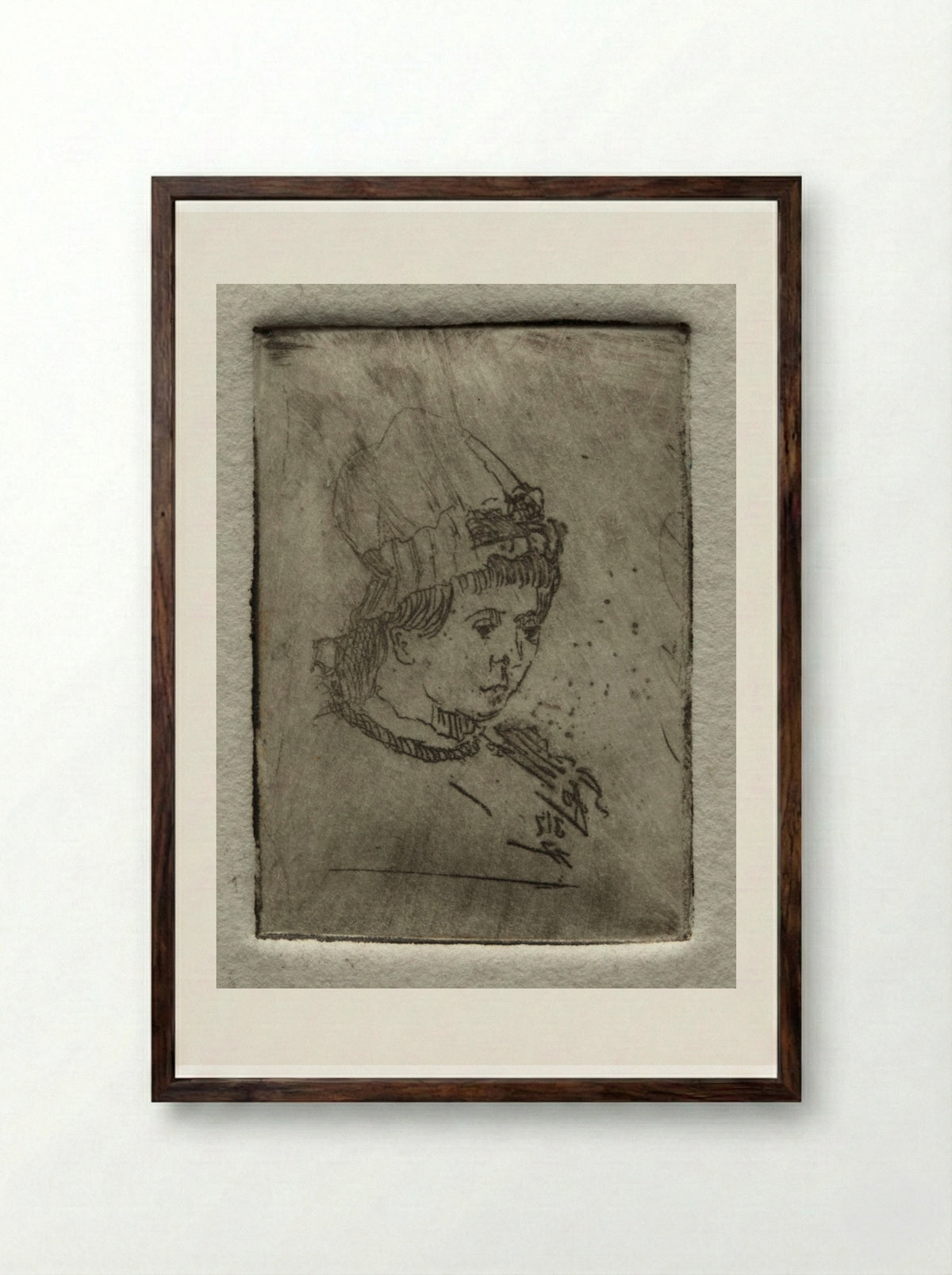 Small Head with Mob Cap - Otto H. Bacher - Framed Print Dark Wood