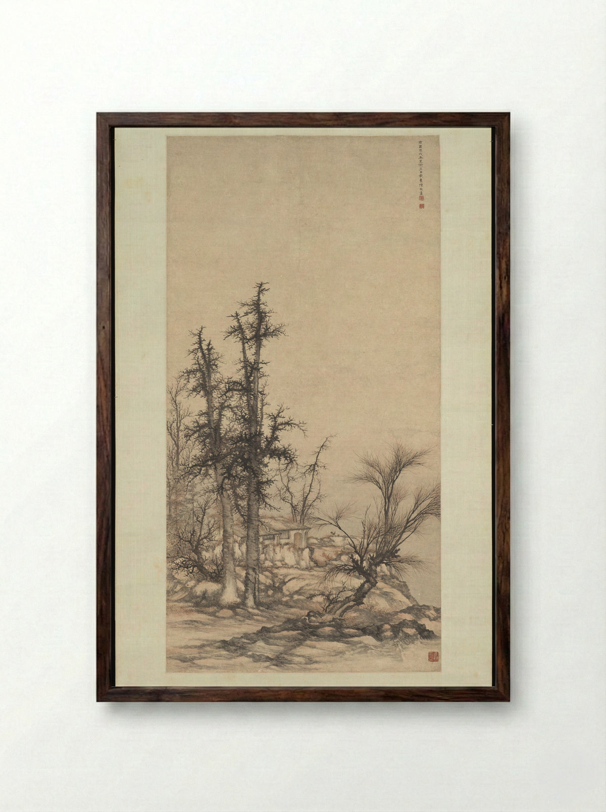 Small dwelling in a dense grove of trees - Chen Mei - Framed Print Dark Wood