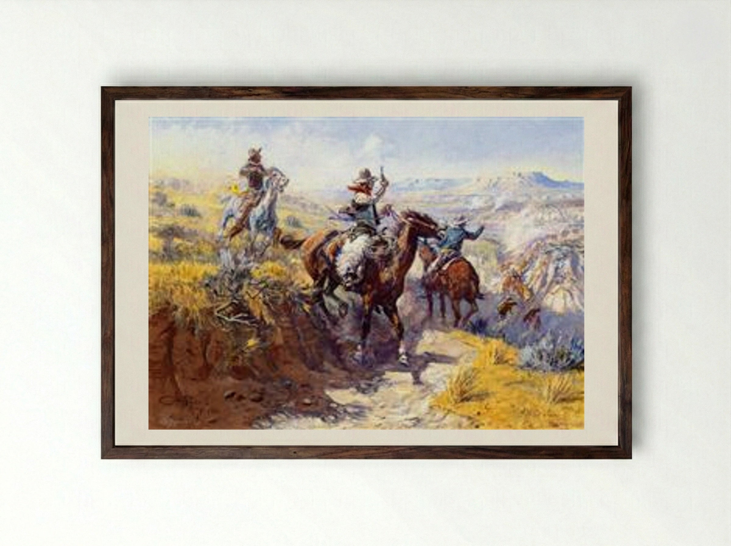 Smoking Them Out - Charles M. Russell - Framed Print Dark Wood