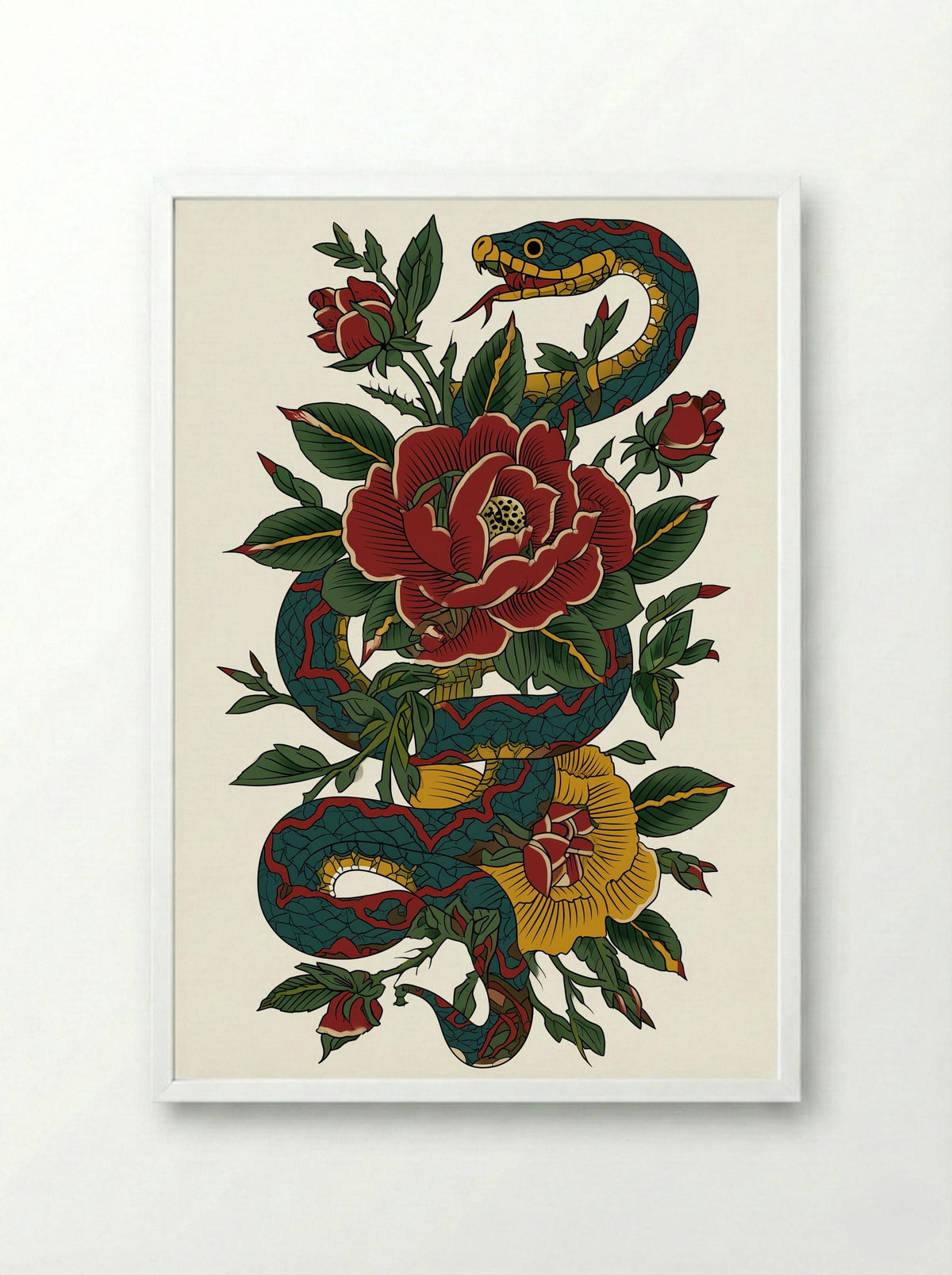 Snake and Roses - Neo Traditional Tattoo Art Print - Framed Print White