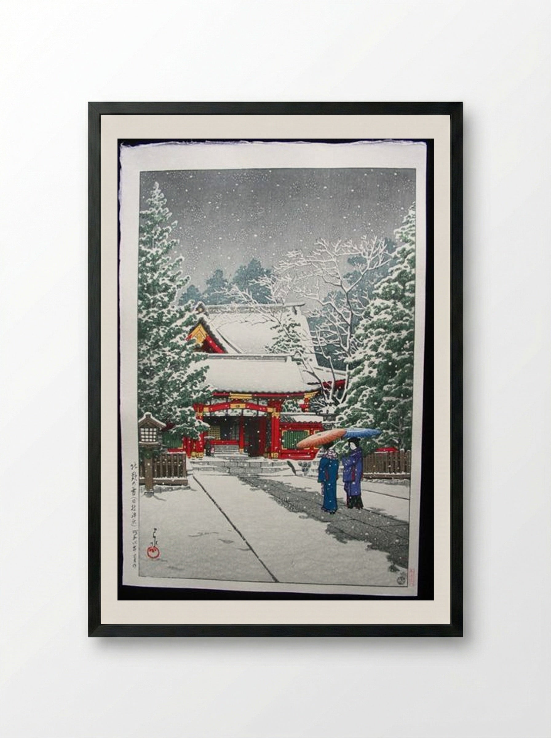 Snow at Hinoeda Shrine - Hasui Kawase - Framed Print Black