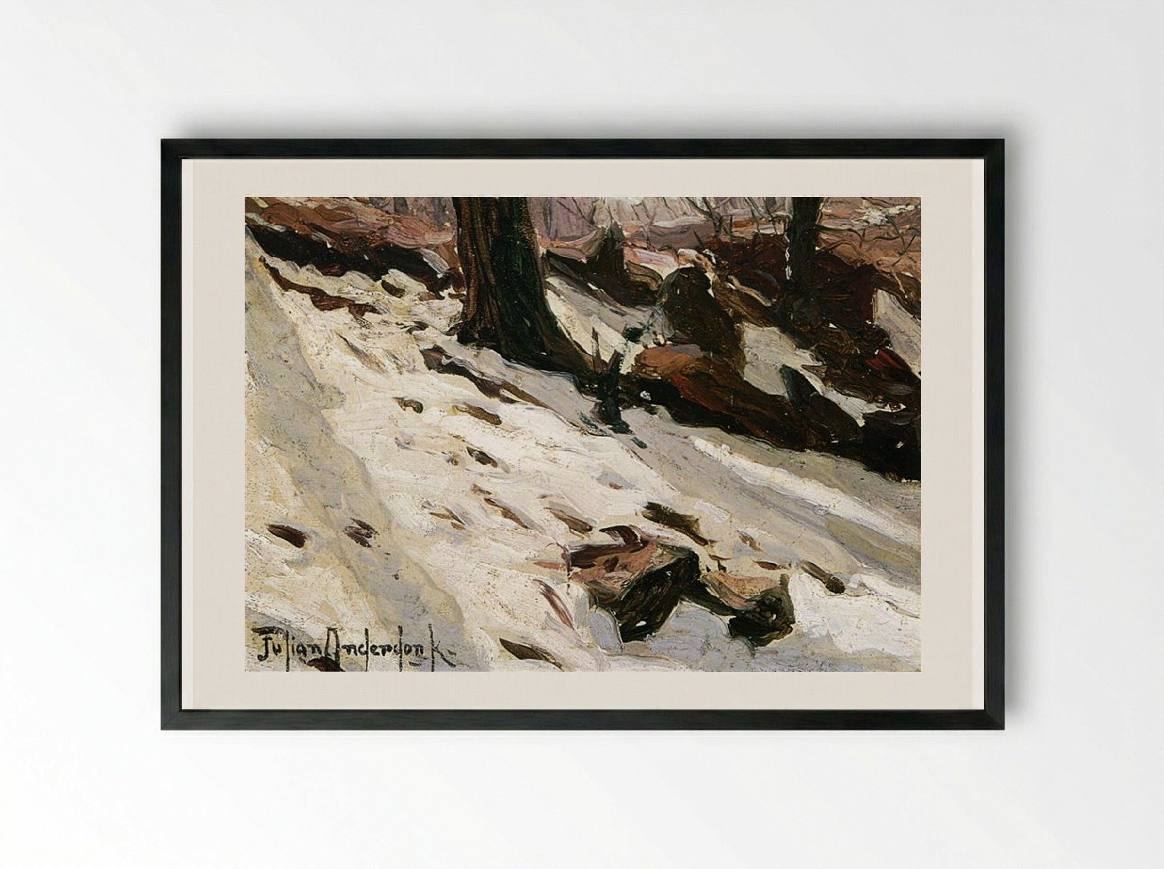 Snow near the Cave, Central Park, New York - Robert Julian Onderdonk - Framed Print Black