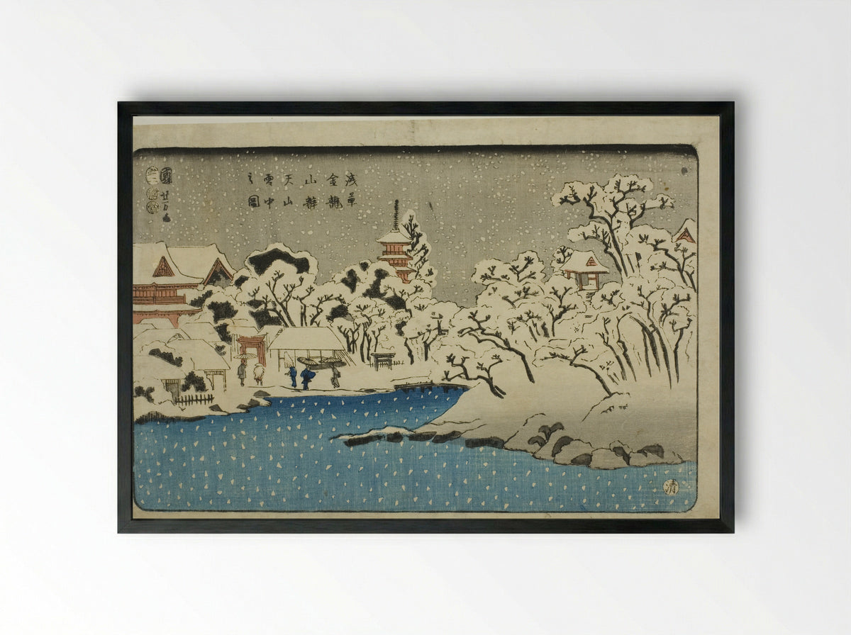Snow on Benten Hill at Kinryuzan Temple in Asakusa - Utagawa Kuniyoshi - Framed Print Black