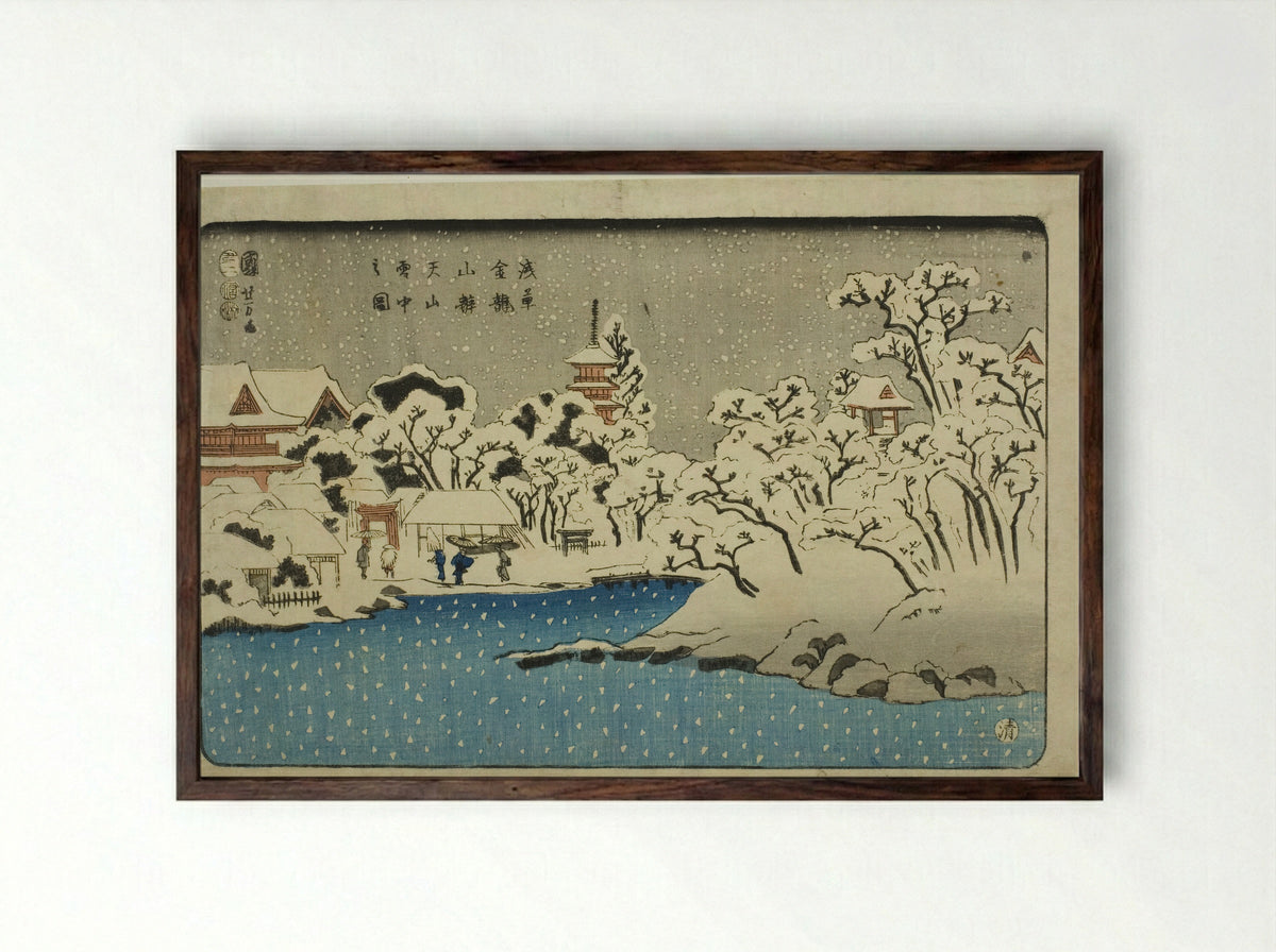 Snow on Benten Hill at Kinryuzan Temple in Asakusa - Utagawa Kuniyoshi - Framed Print Dark Wood