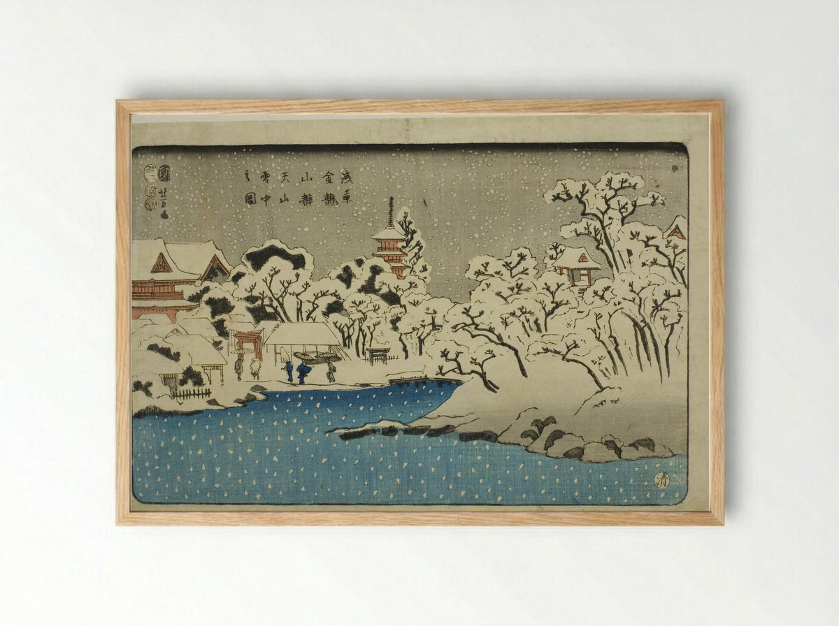 Snow on Benten Hill at Kinryuzan Temple in Asakusa - Utagawa Kuniyoshi - Framed Print Wood