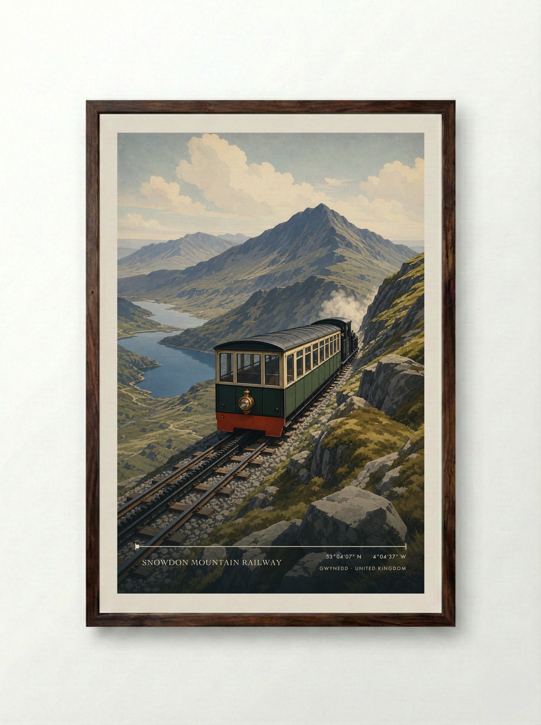Snowdon Mountain Railway Gwynedd United Kingdom Travel Poster - Framed Print Dark Wood