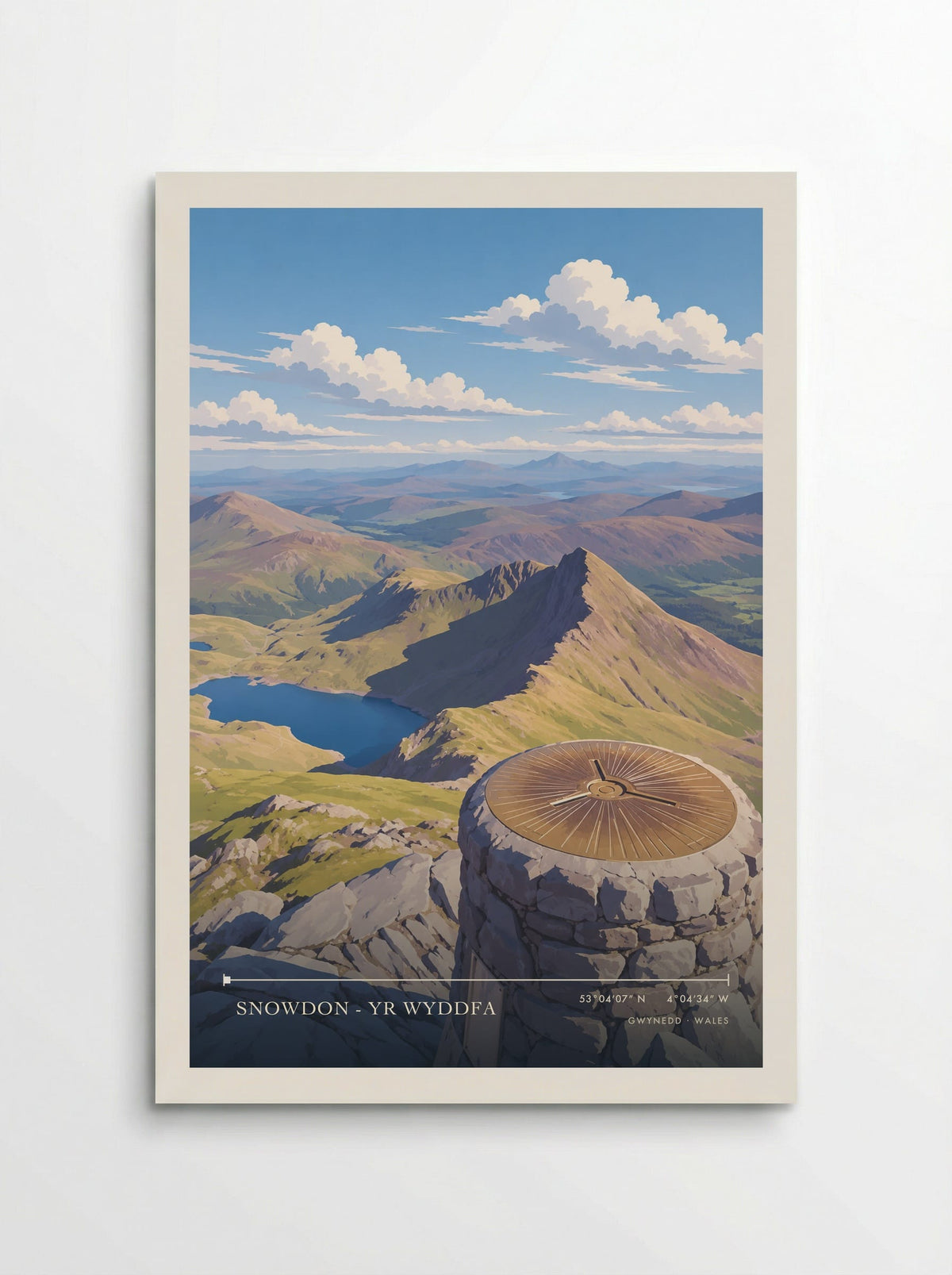 Snowdon - Yr Wyddfa, Gwynedd travel poster: distant mountains in clear summer light