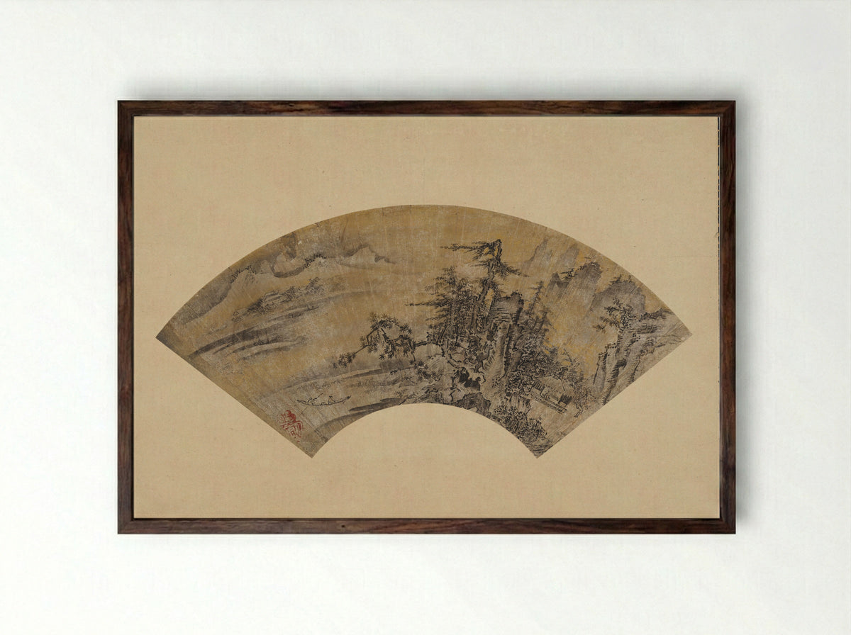 Snowy Landscape (Fan Painting) - Toki Tōbun - Framed Print Dark Wood