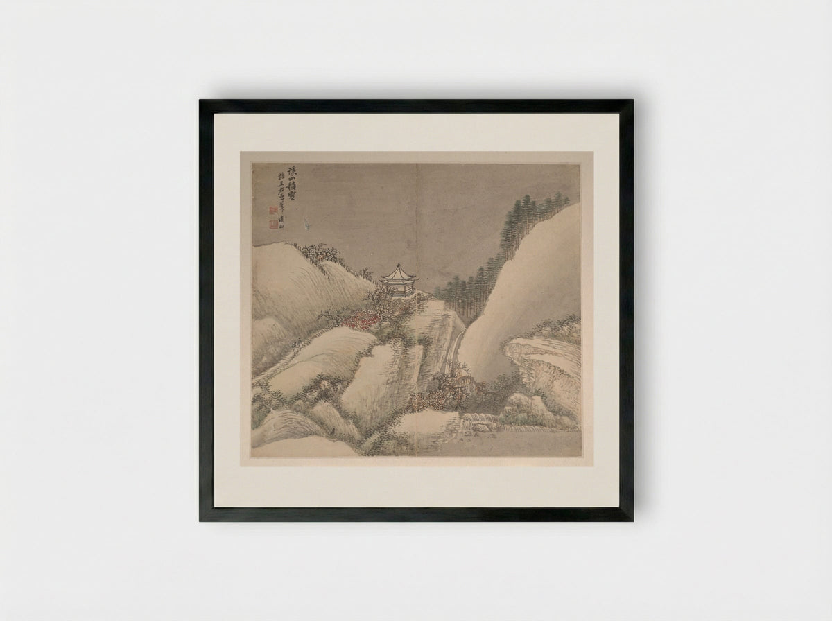 Snowy Stream and Mountains - Cao Jian - Framed Print Black
