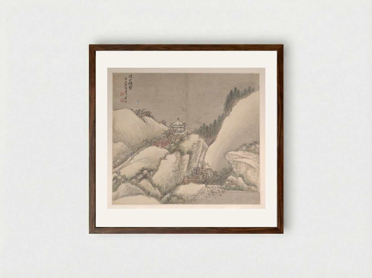 Snowy Stream and Mountains - Cao Jian - Framed Print Dark Wood