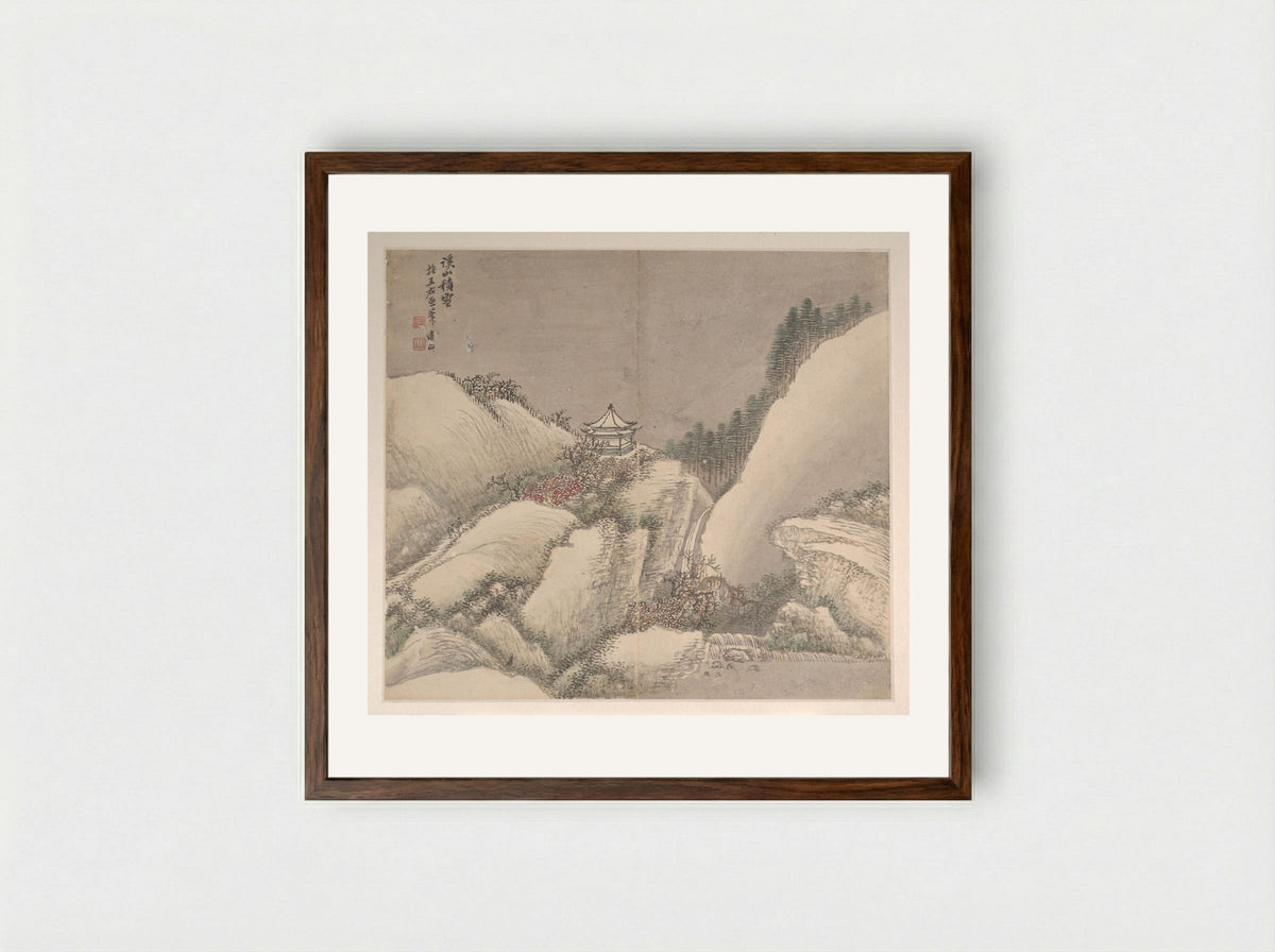 Snowy Stream and Mountains - Cao Jian - Framed Print Dark Wood