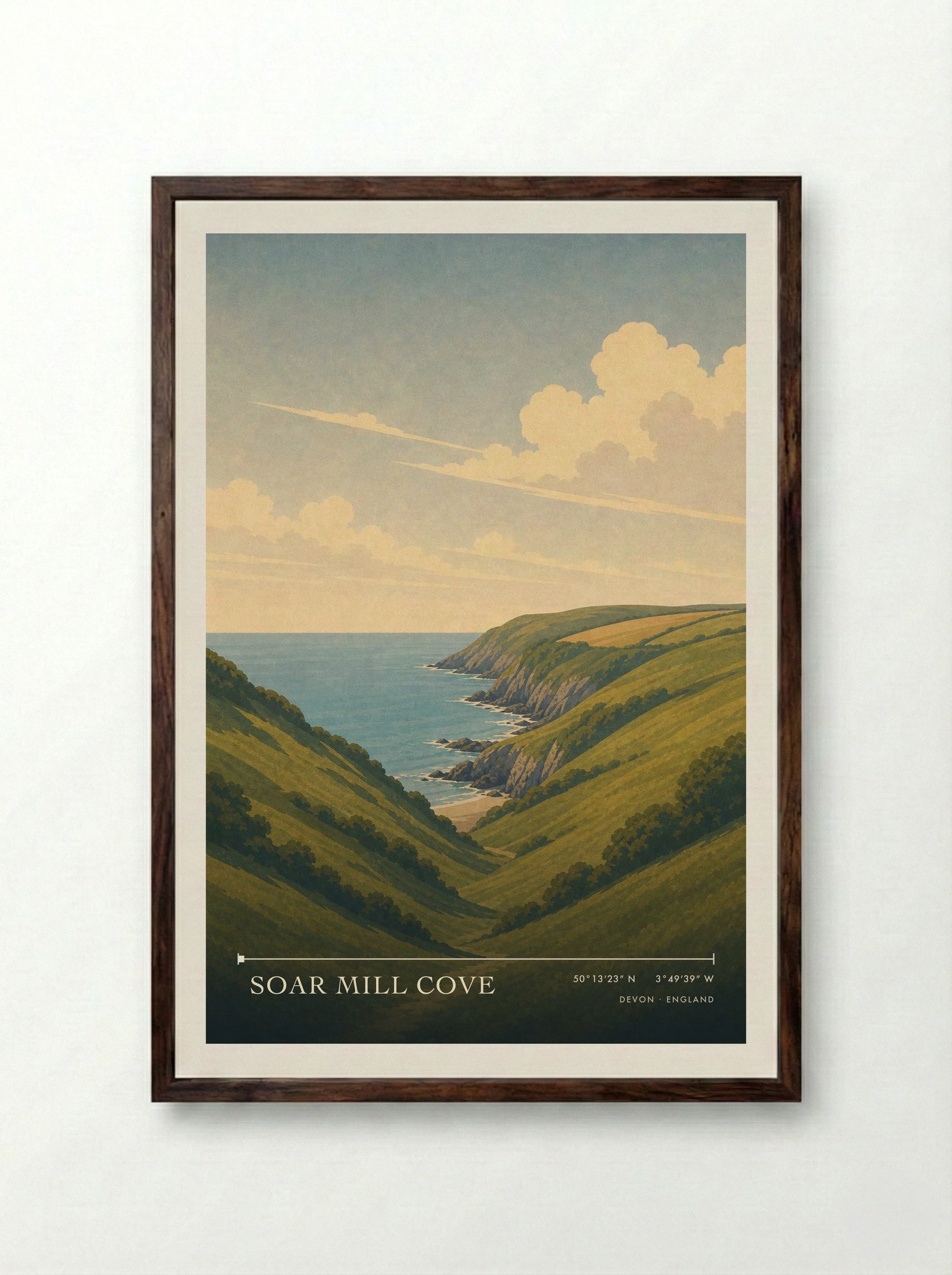 Soar Mill Cove Devon England Travel Poster - Framed Print Dark Wood