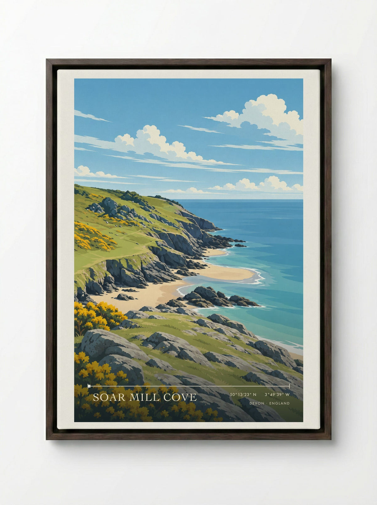 Soar Mill Cove, Devon | Travel Poster - Framed Canvas Dark Wood