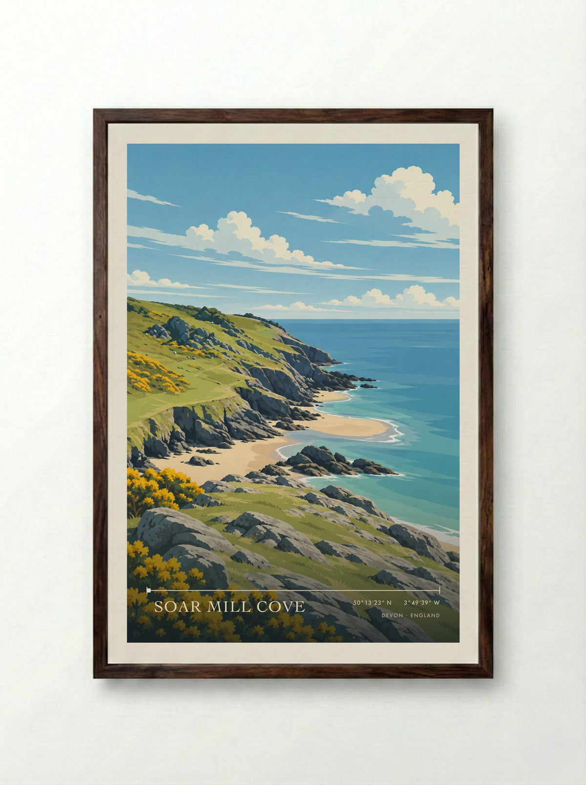Soar Mill Cove, Devon | Travel Poster - Framed Print Dark Wood