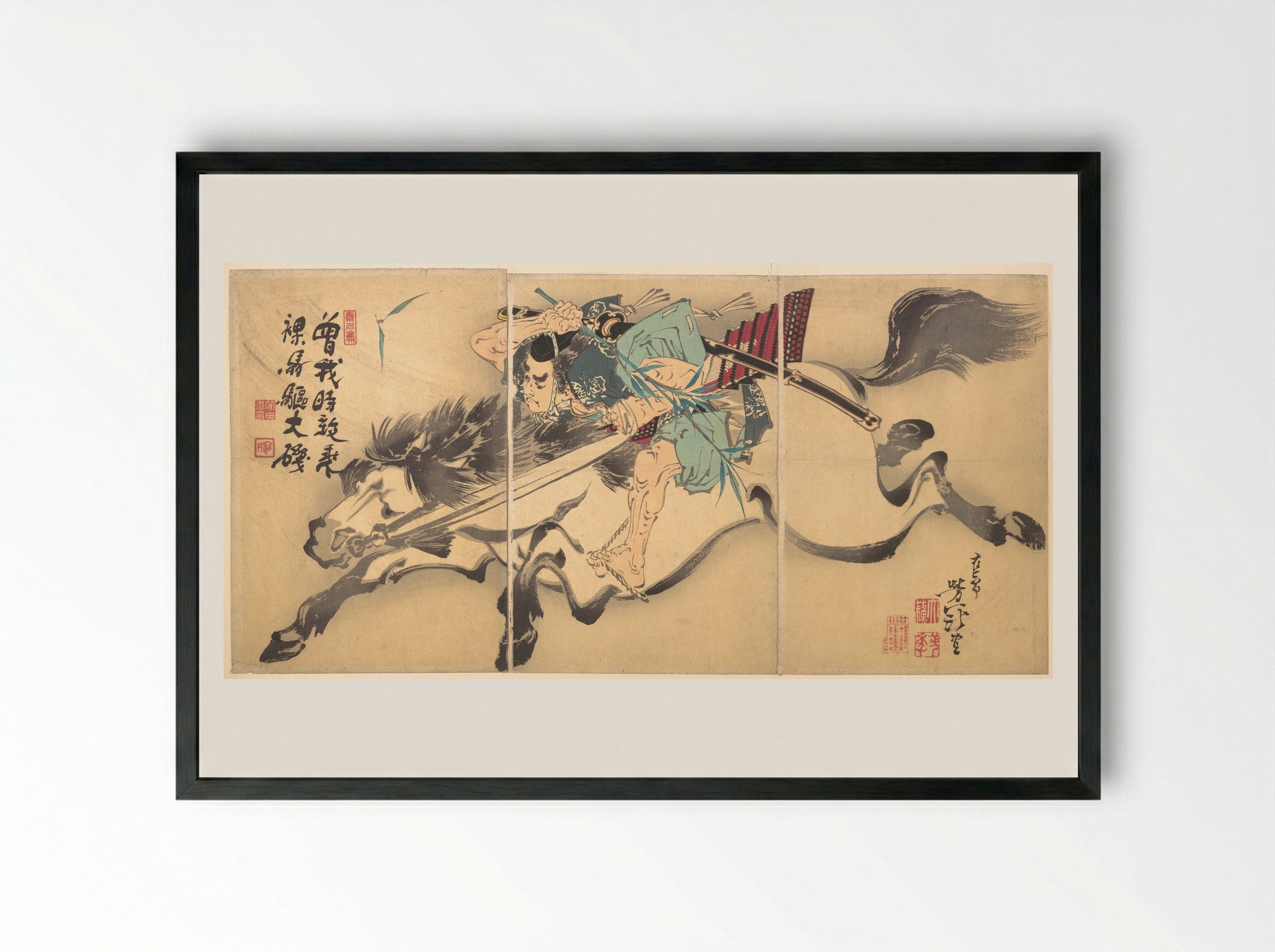 Soga Tokimune Riding a Horse - Tsukioka Yoshitoshi - Framed Print Black