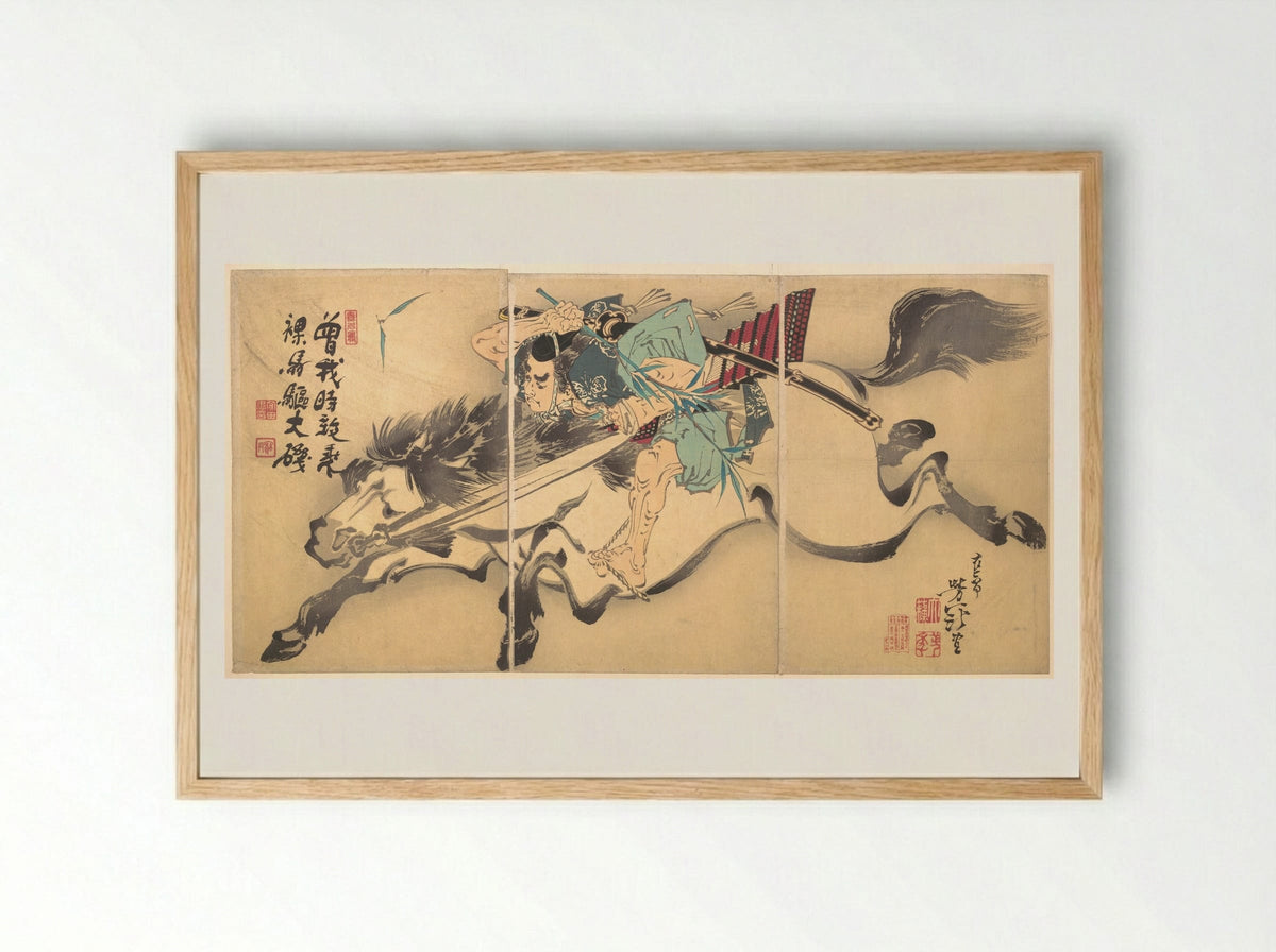 Soga Tokimune Riding a Horse - Tsukioka Yoshitoshi - Framed Print Wood