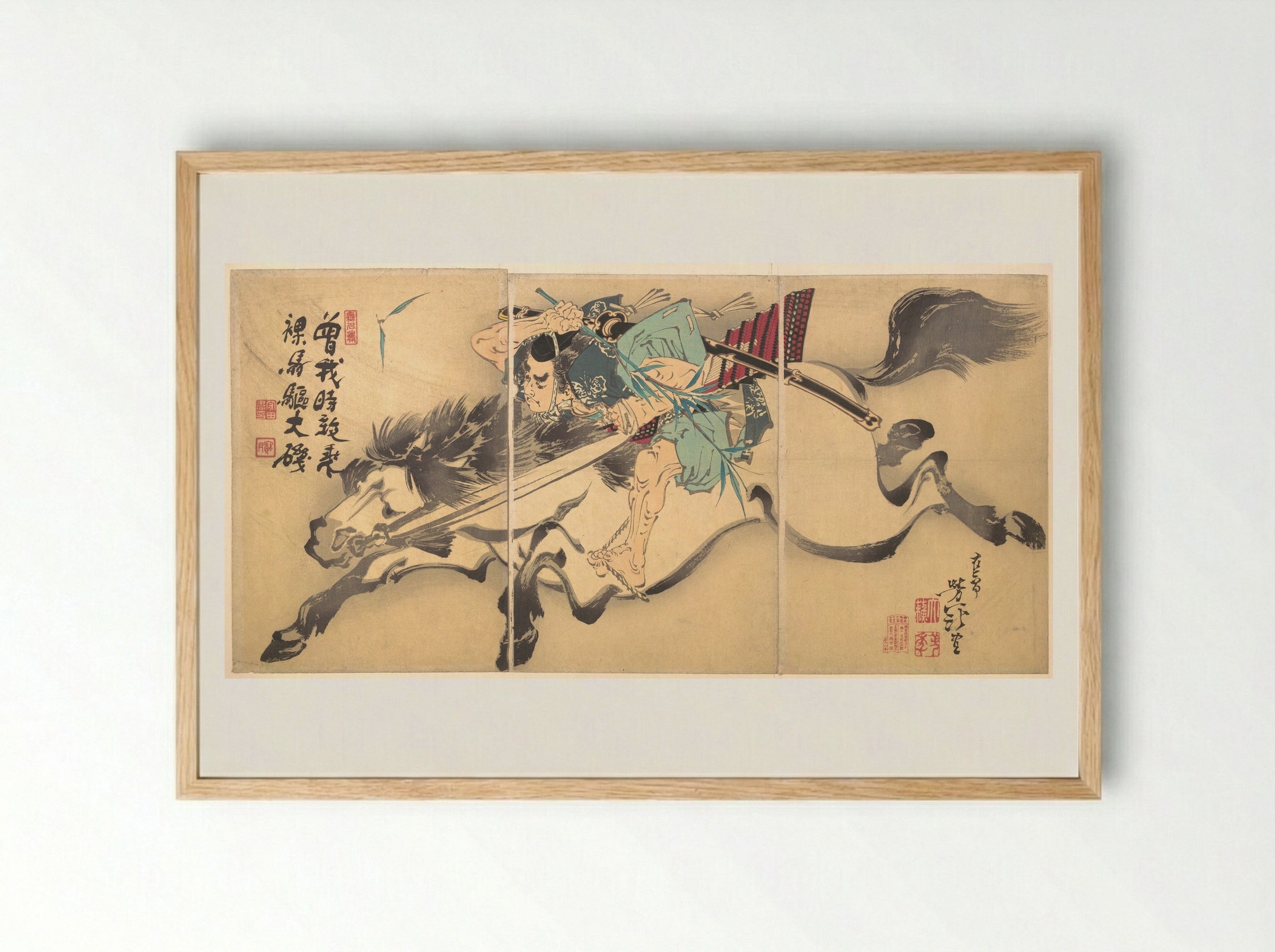 Soga Tokimune Riding a Horse - Tsukioka Yoshitoshi - Framed Print Wood