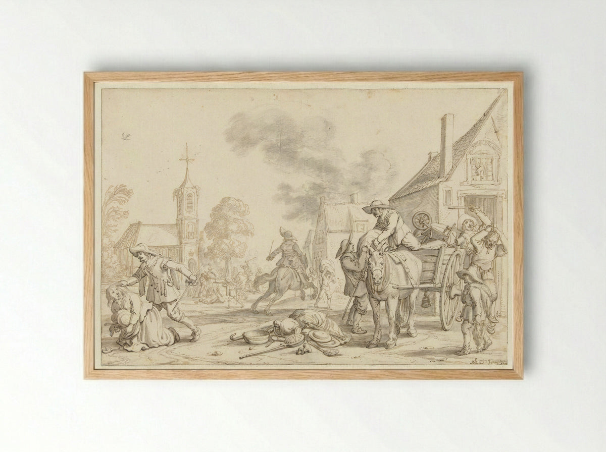 Soldaten plunderen een dorp - Jan Martens de Jonge - Framed Print Wood
