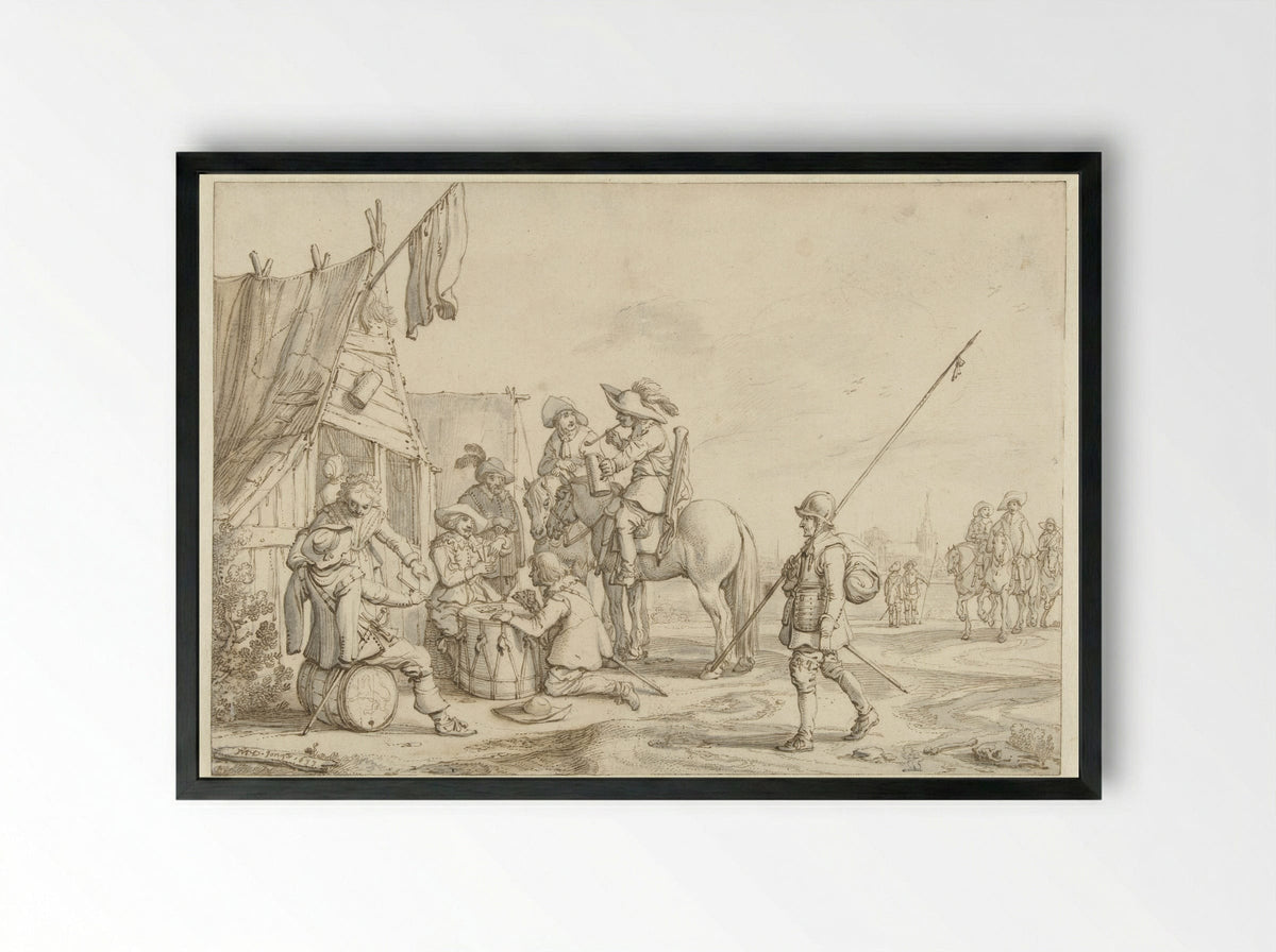 Soldaten voor een herberg - Jan Martens de Jonge - Framed Print Black