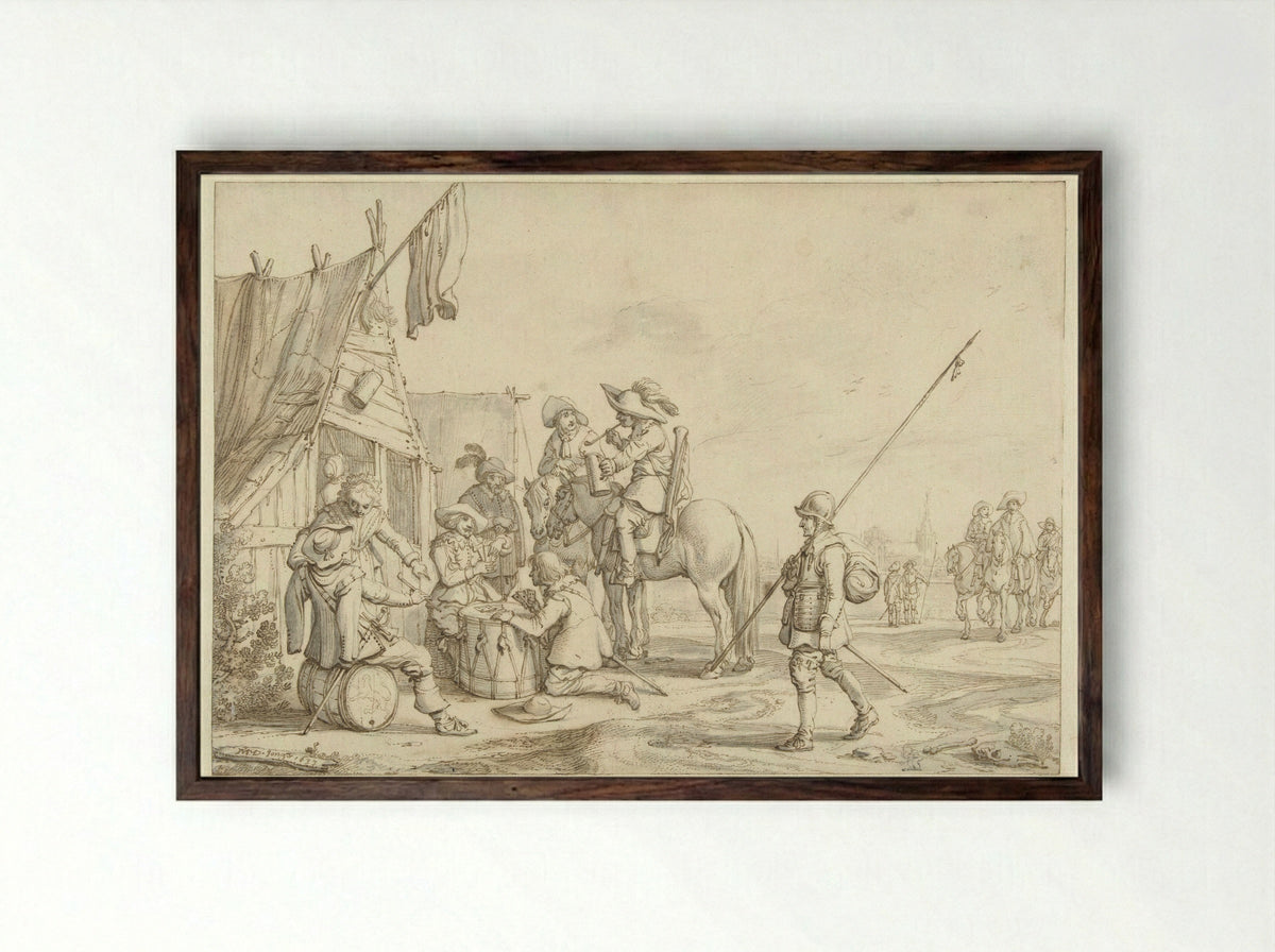 Soldaten voor een herberg - Jan Martens de Jonge - Framed Print Dark Wood