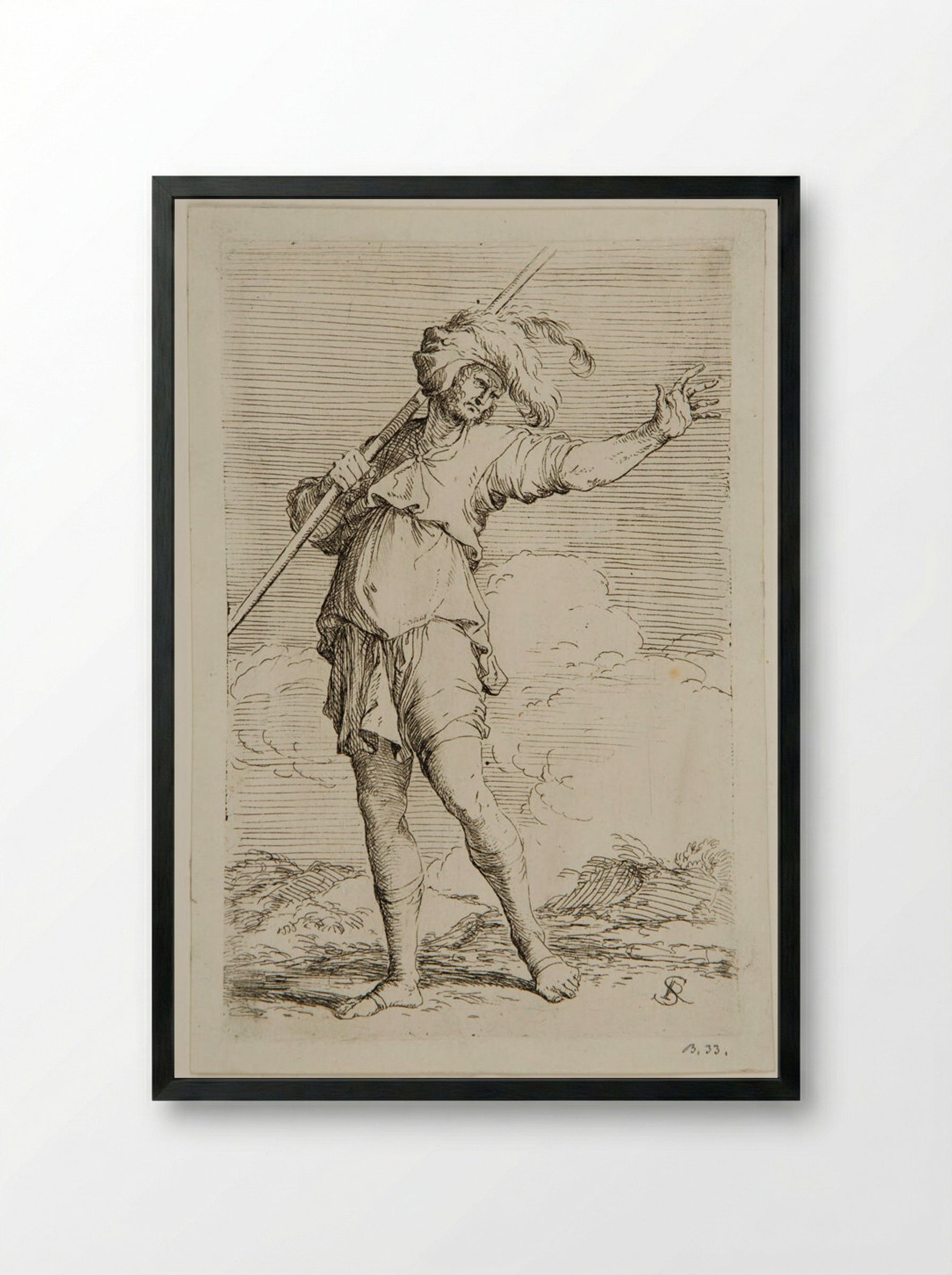 Soldier Holding a Rod Resting on his Left Shoulder - Salvator Rosa - Framed Print Black