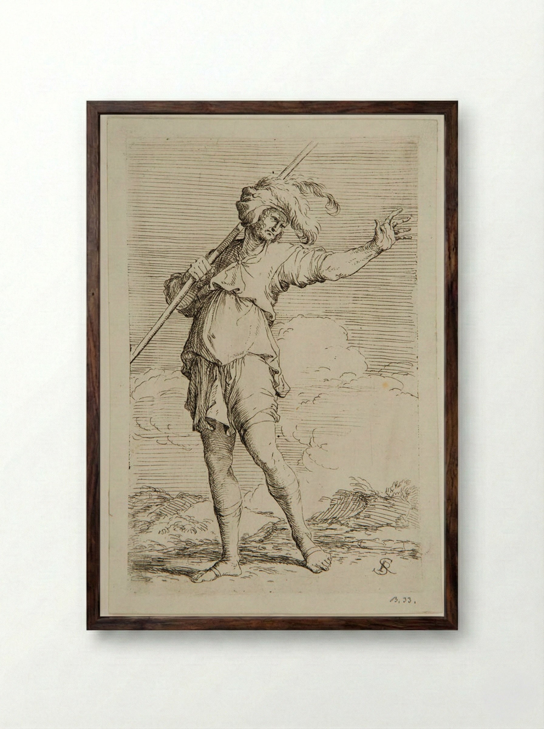 Soldier Holding a Rod Resting on his Left Shoulder - Salvator Rosa - Framed Print Dark Wood