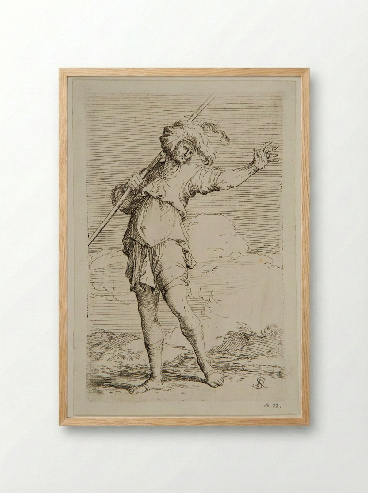 Soldier Holding a Rod Resting on his Left Shoulder - Salvator Rosa - Framed Print Wood
