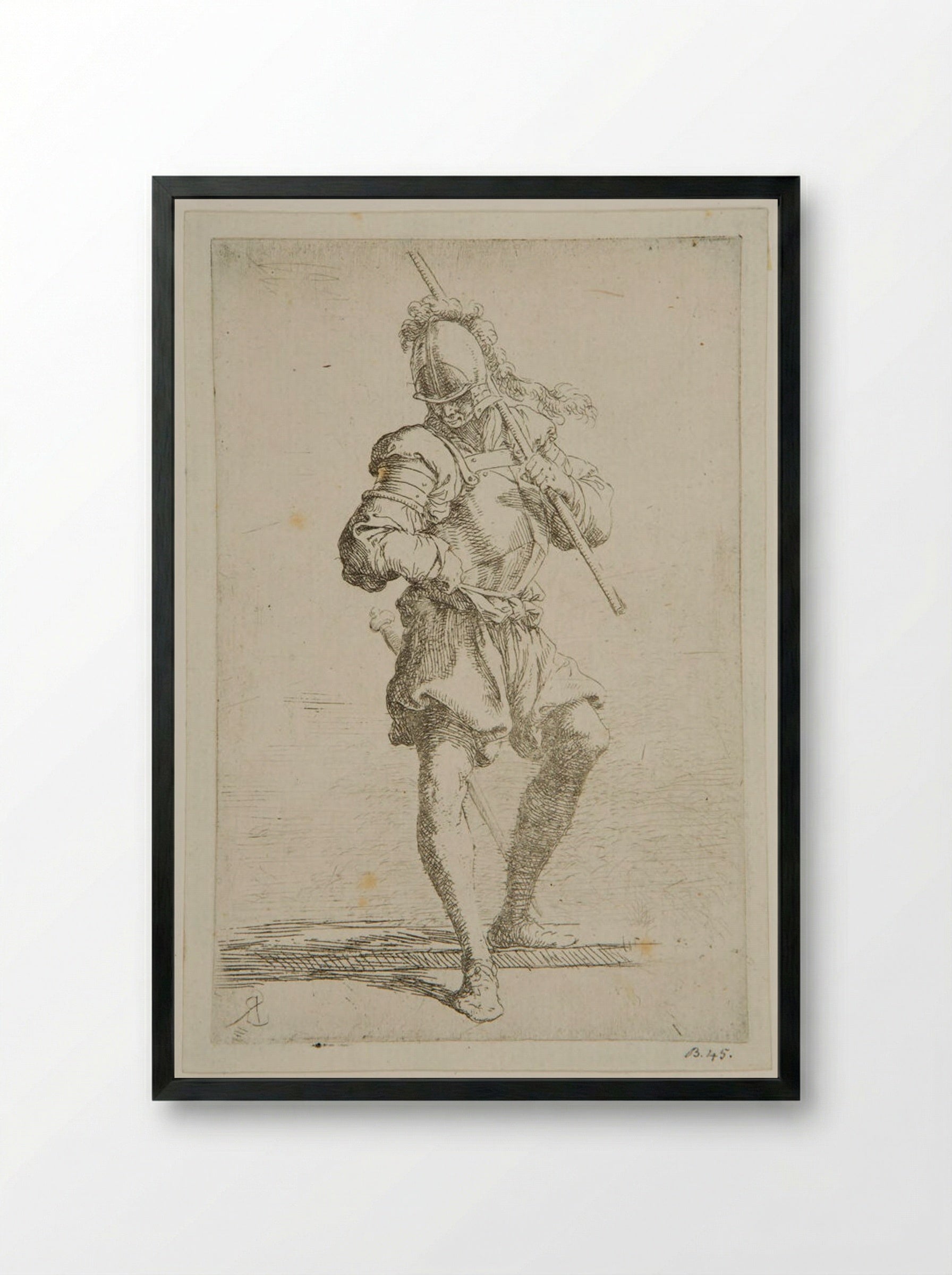 Soldier Looking at the Ground with a Baton Resting on His Shoulder - Salvator Rosa - Framed Print Black