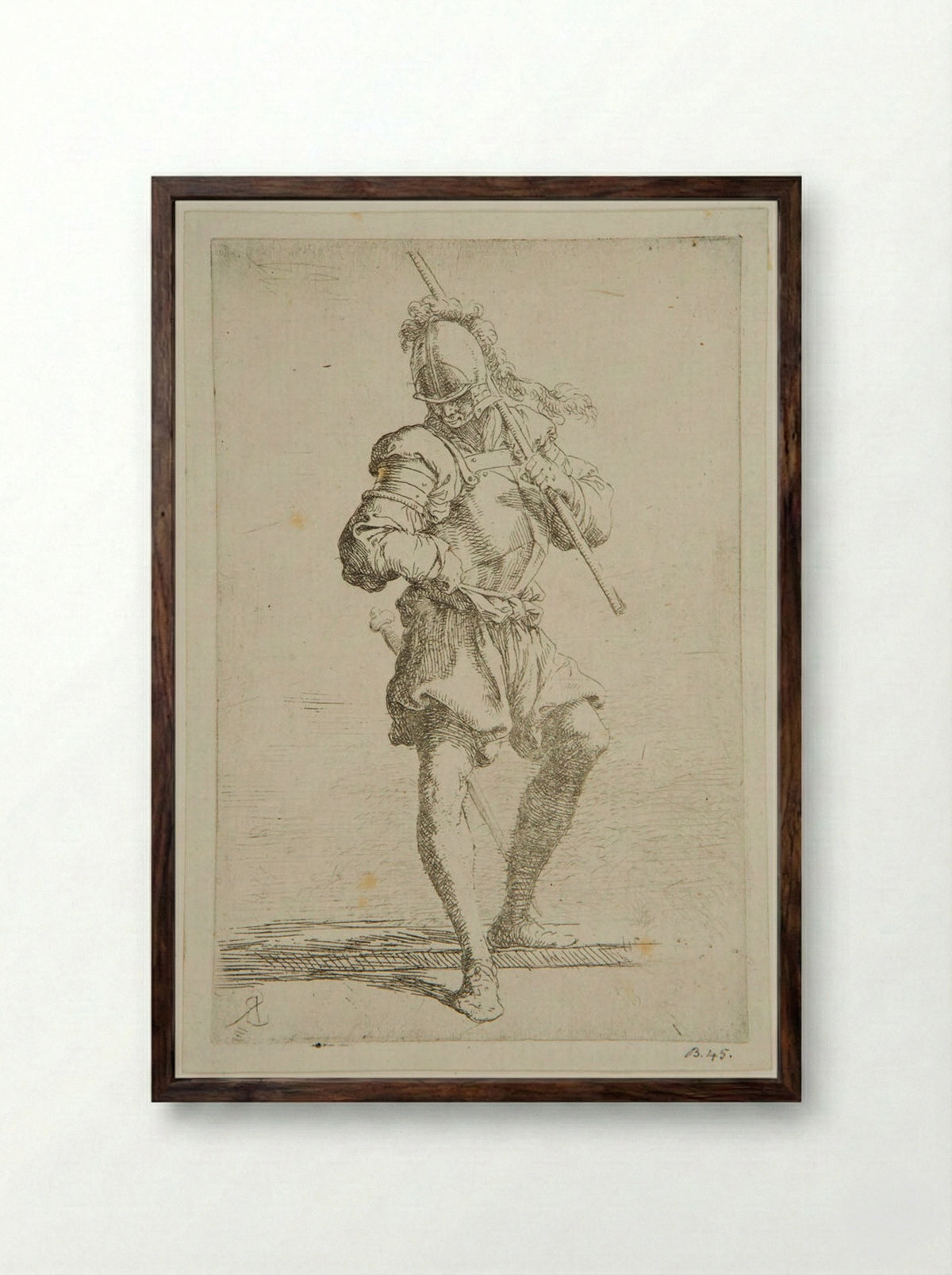 Soldier Looking at the Ground with a Baton Resting on His Shoulder - Salvator Rosa - Framed Print Dark Wood