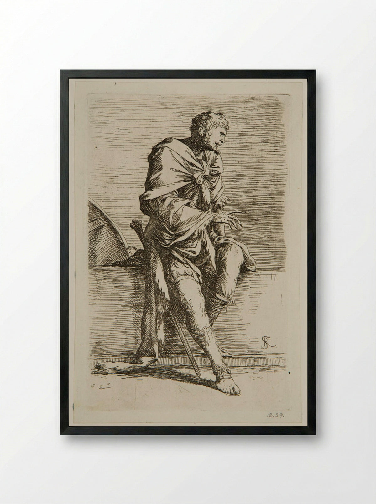 Soldier Sitting on a Wall - Salvator Rosa - Framed Print Black