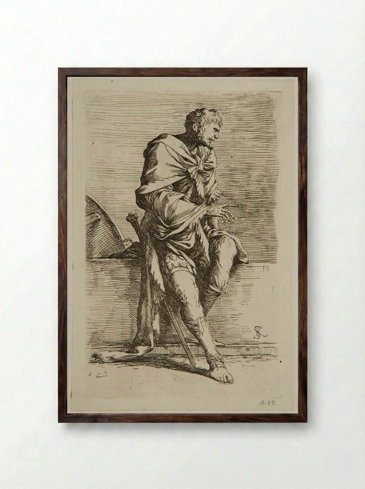 Soldier Sitting on a Wall - Salvator Rosa - Framed Print Dark Wood