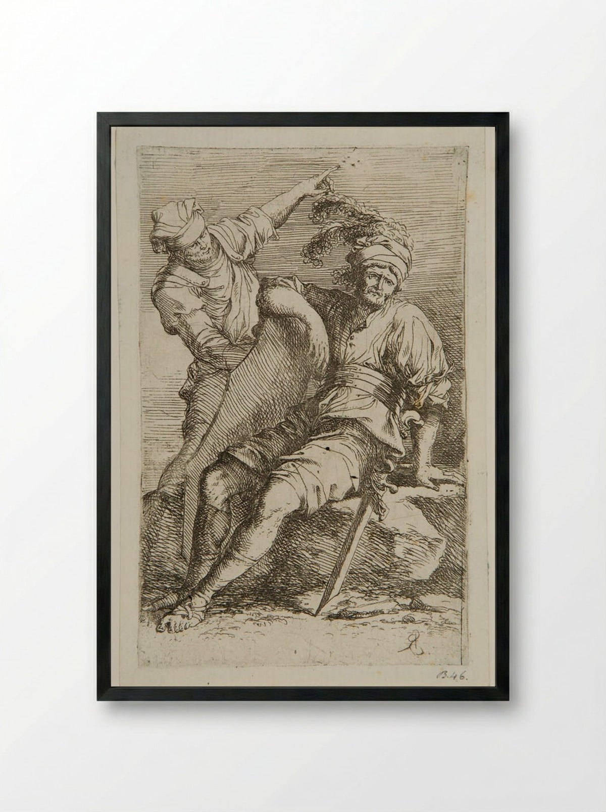 Soldier at Rest and a Standing Man - Salvator Rosa - Framed Print Black