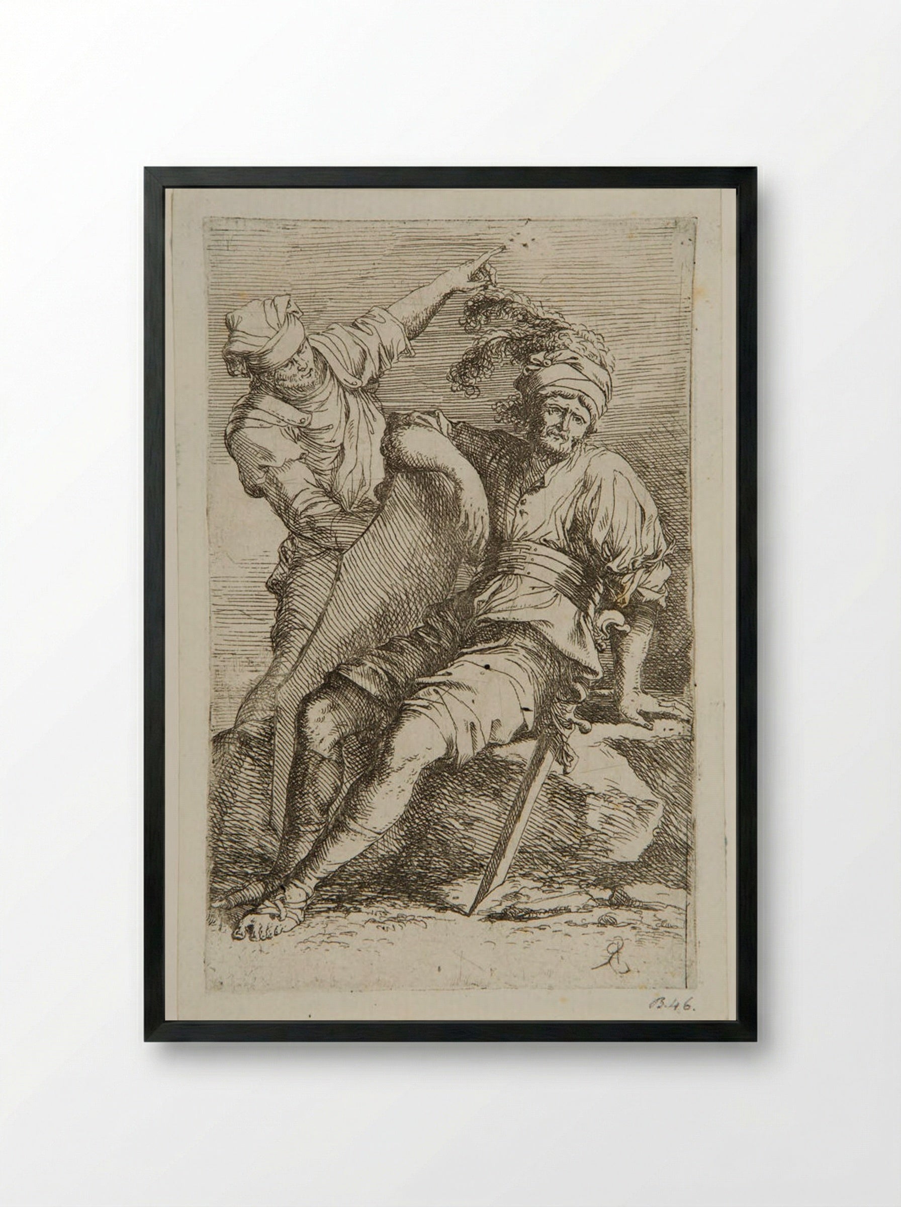 Soldier at Rest and a Standing Man - Salvator Rosa - Framed Print Black