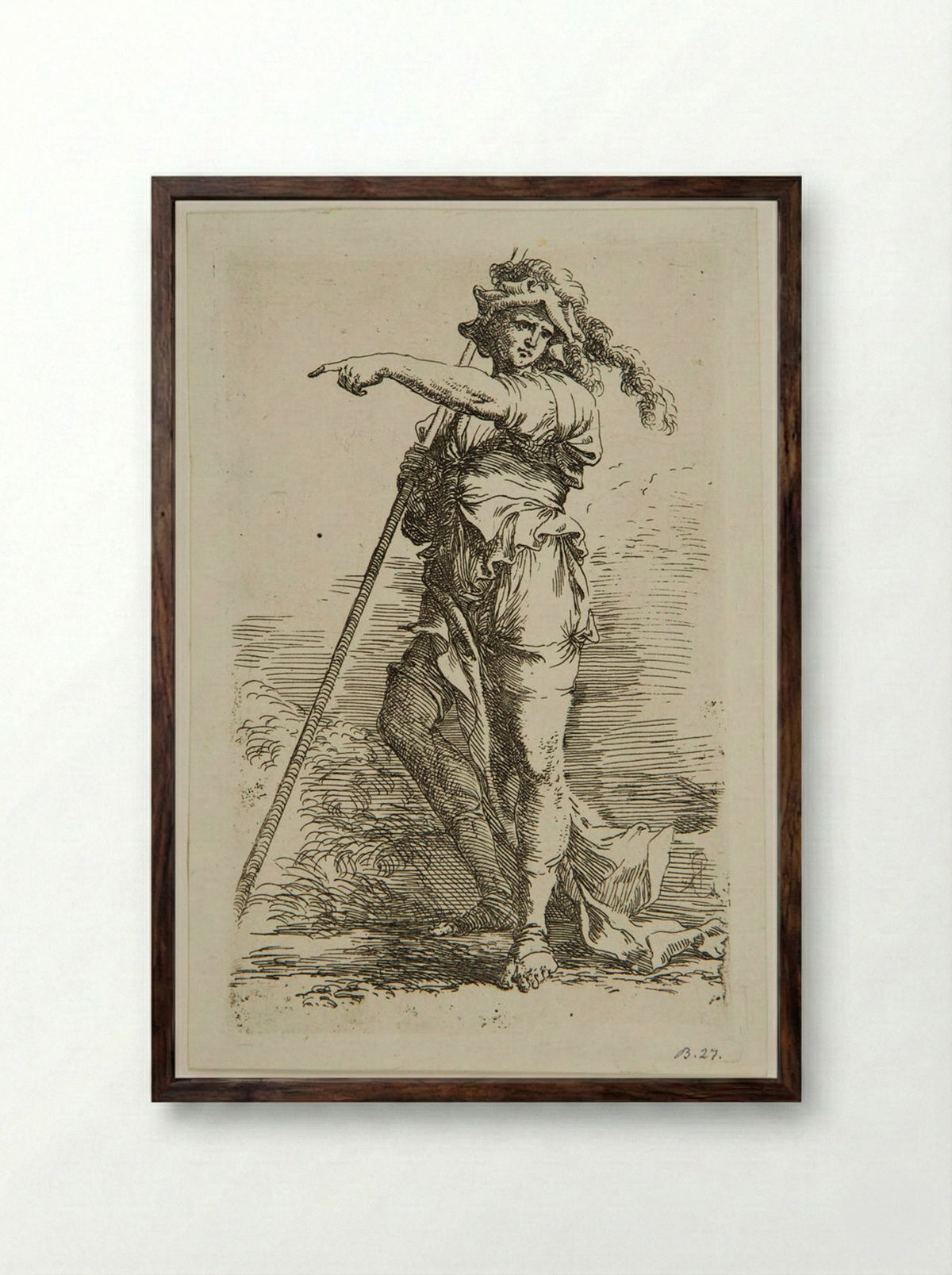 Soldier in a Feathered Cap with a Staff Resting on his Right Shoulder - Salvator Rosa - Framed Print Dark Wood