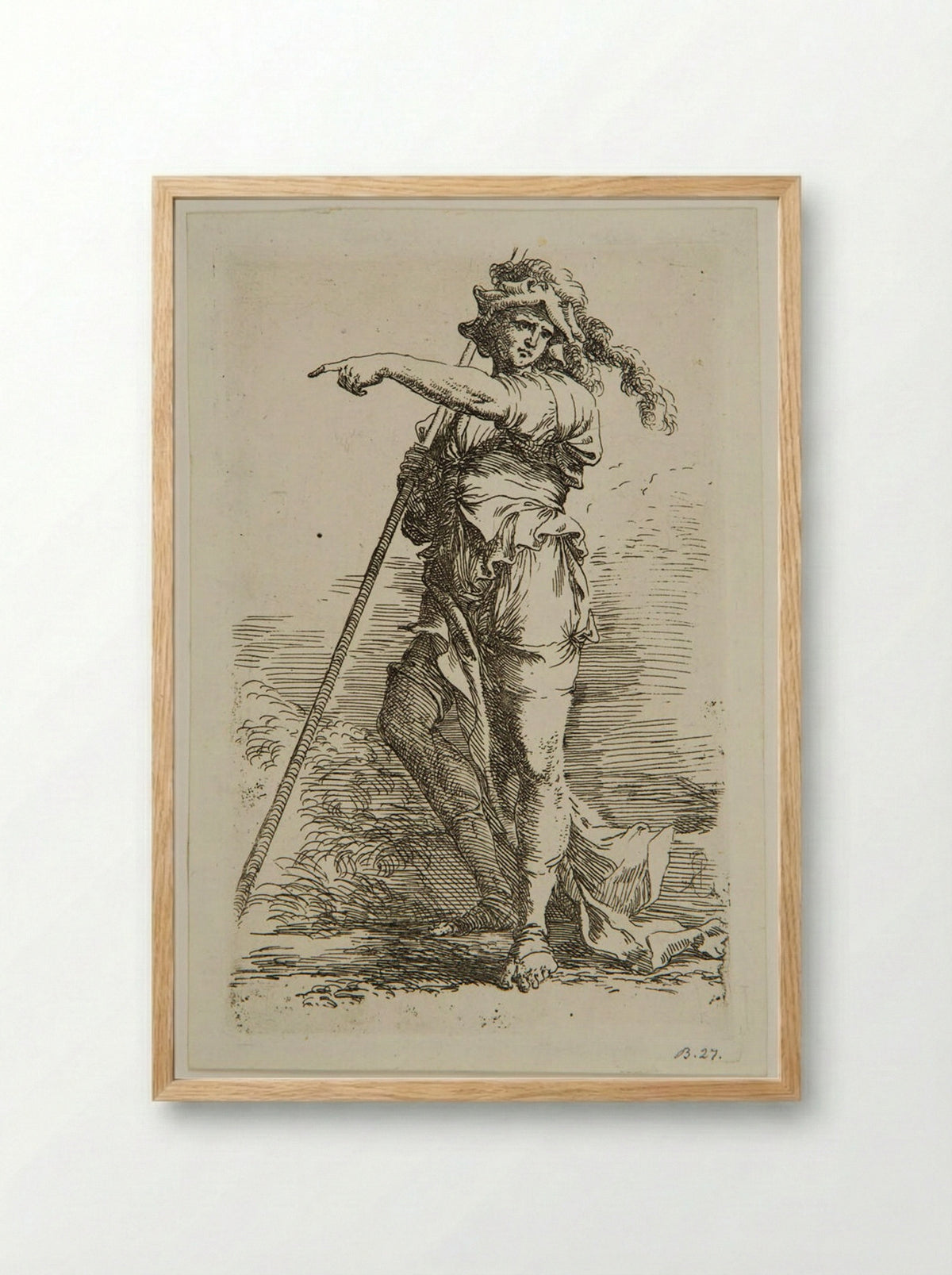 Soldier in a Feathered Cap with a Staff Resting on his Right Shoulder - Salvator Rosa - Framed Print Wood