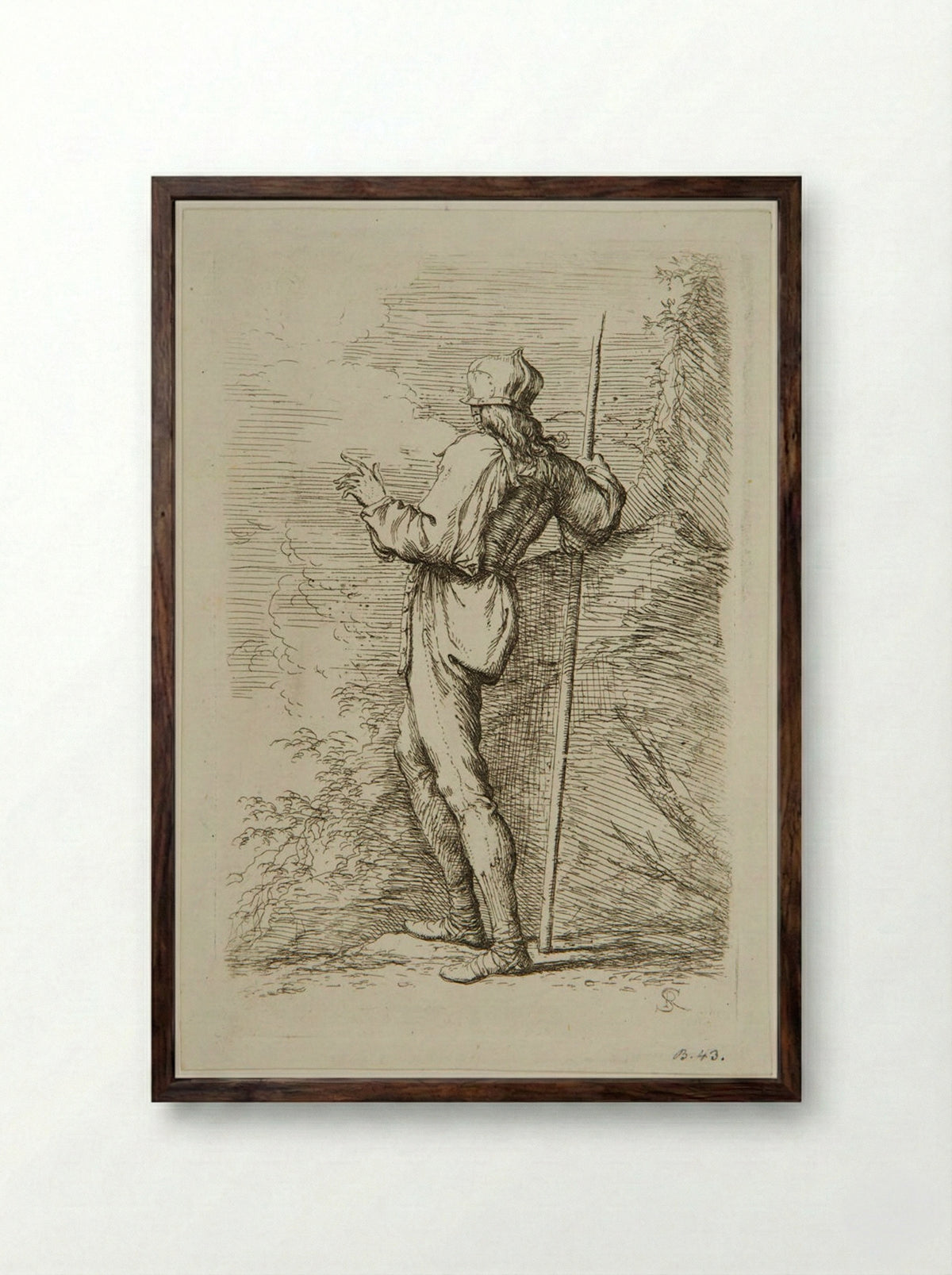 Soldier with a Staff Standing Next to a Large Rock - Salvator Rosa - Framed Print Dark Wood