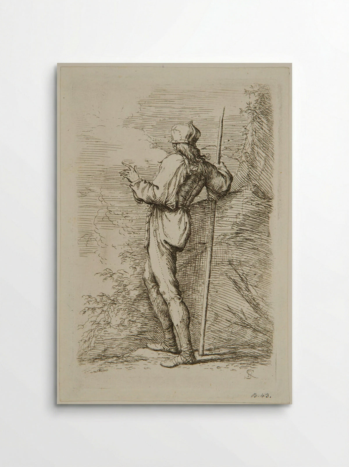 Soldier with a Staff Standing Next to a Large Rock - Salvator Rosa - Poster