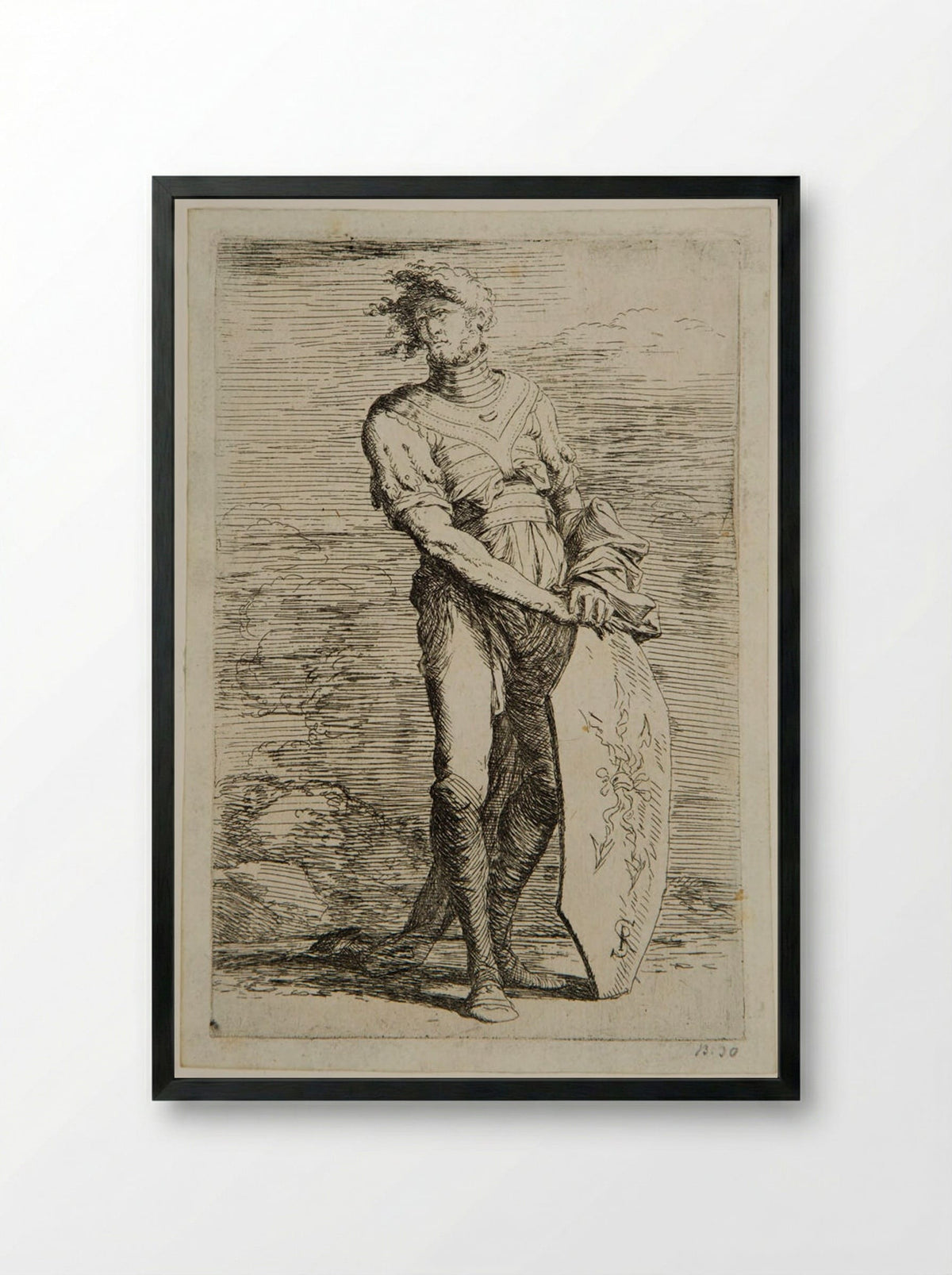 Soldier with his Hair in the Wind, Leaning on a Shield - Salvator Rosa - Framed Print Black