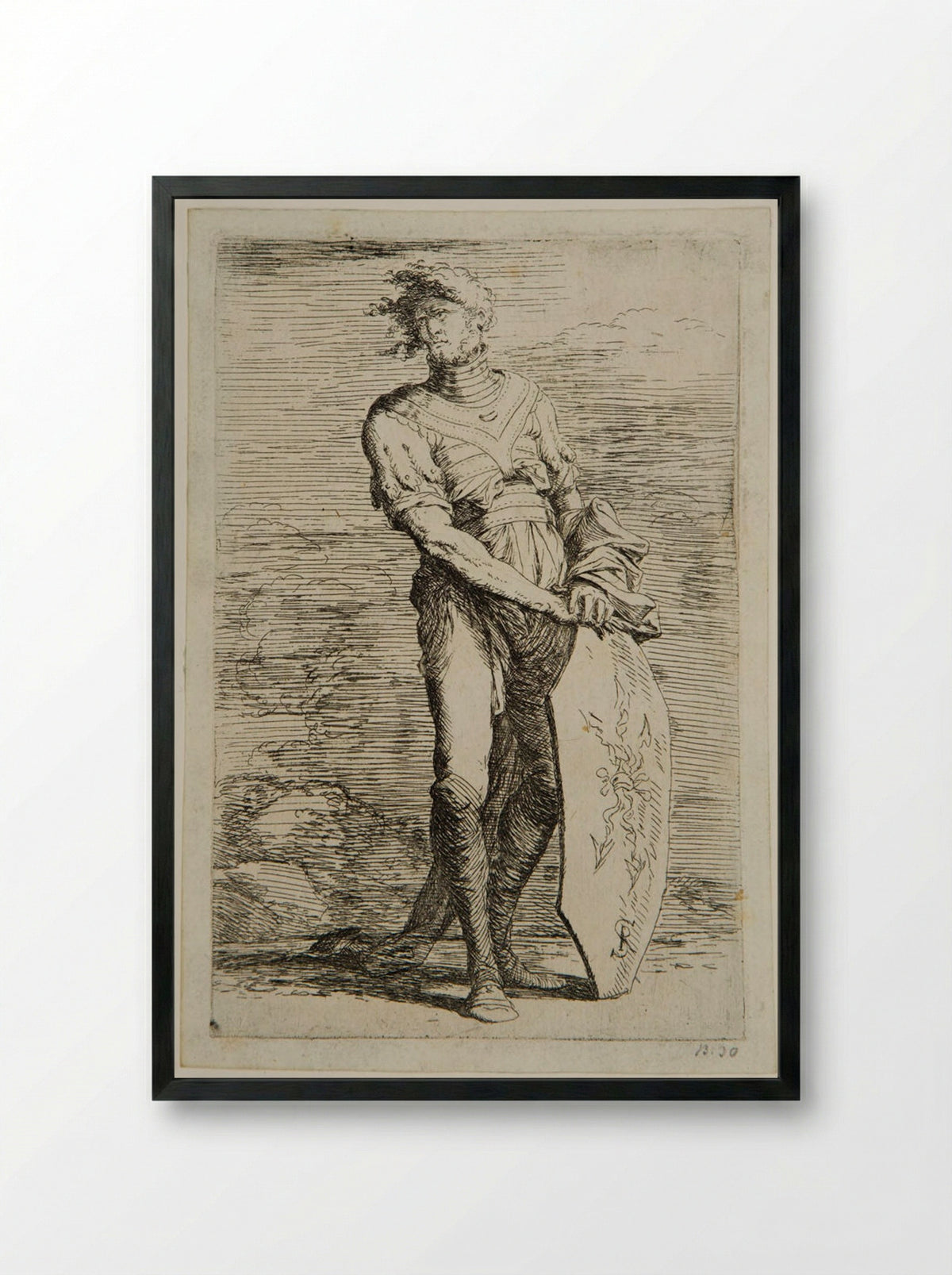 Soldier with his Hair in the Wind, Leaning on a Shield - Salvator Rosa - Framed Print Black