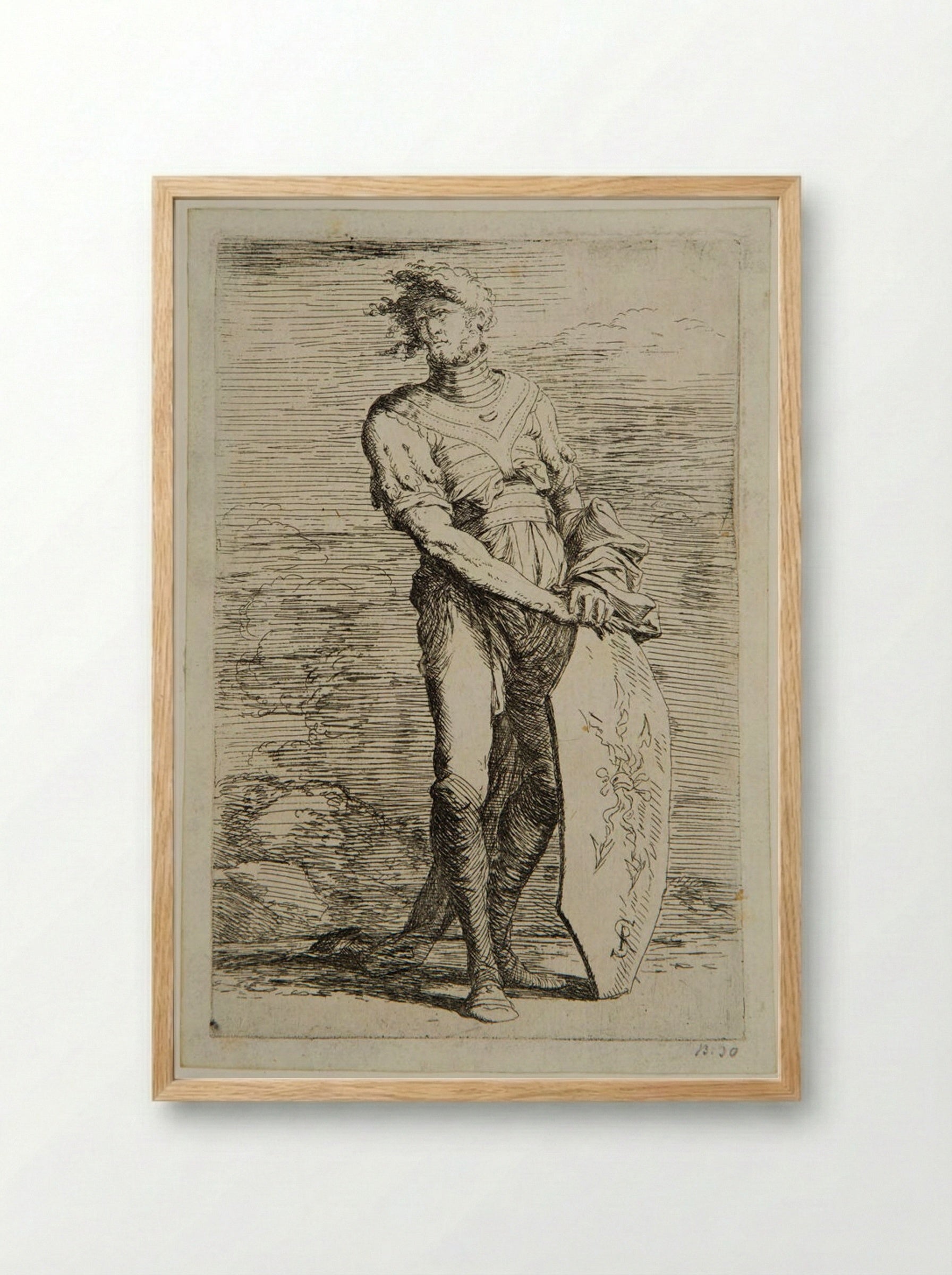 Soldier with his Hair in the Wind, Leaning on a Shield - Salvator Rosa - Framed Print Wood