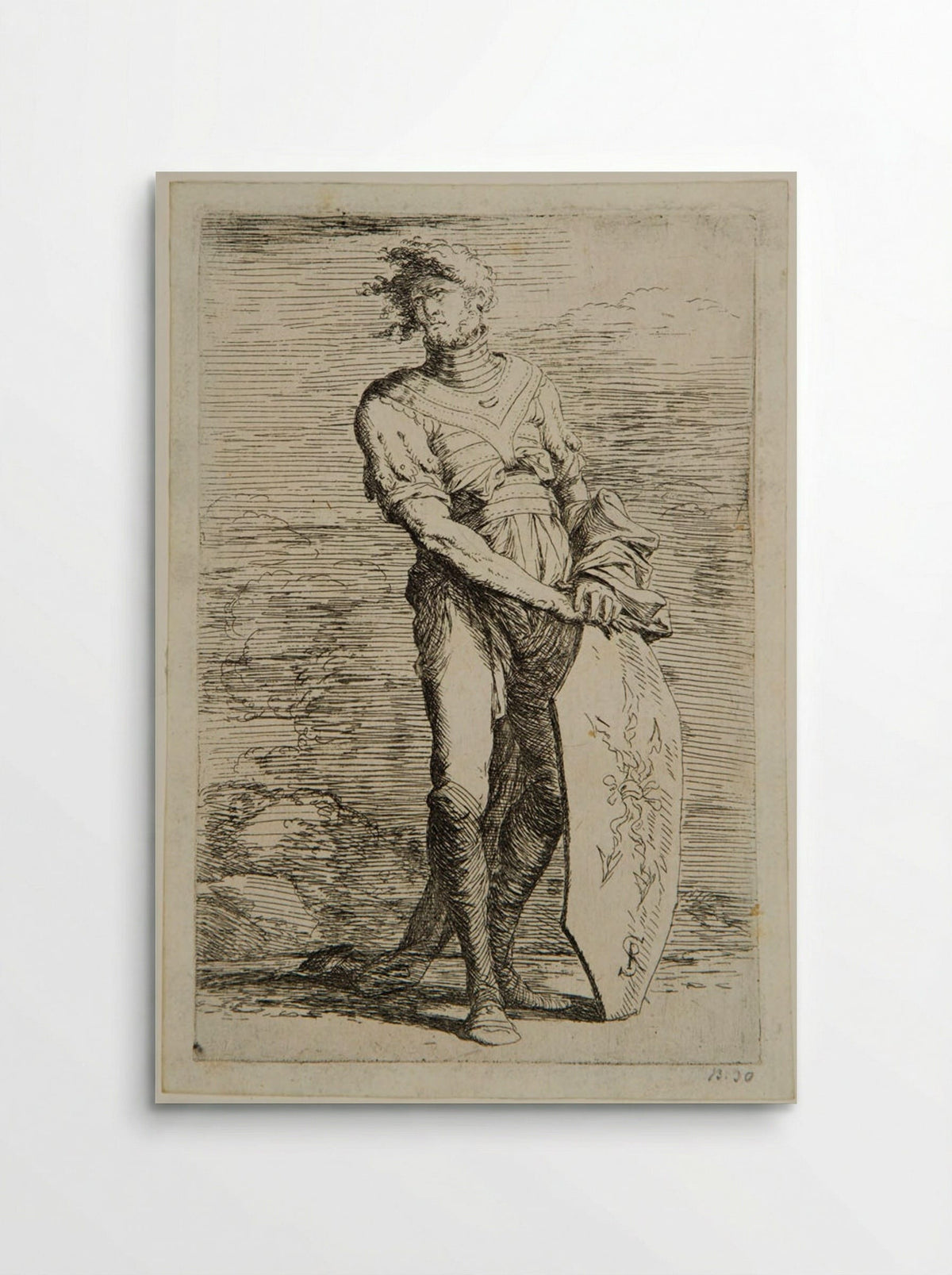 Soldier with his Hair in the Wind, Leaning on a Shield - Salvator Rosa - Poster