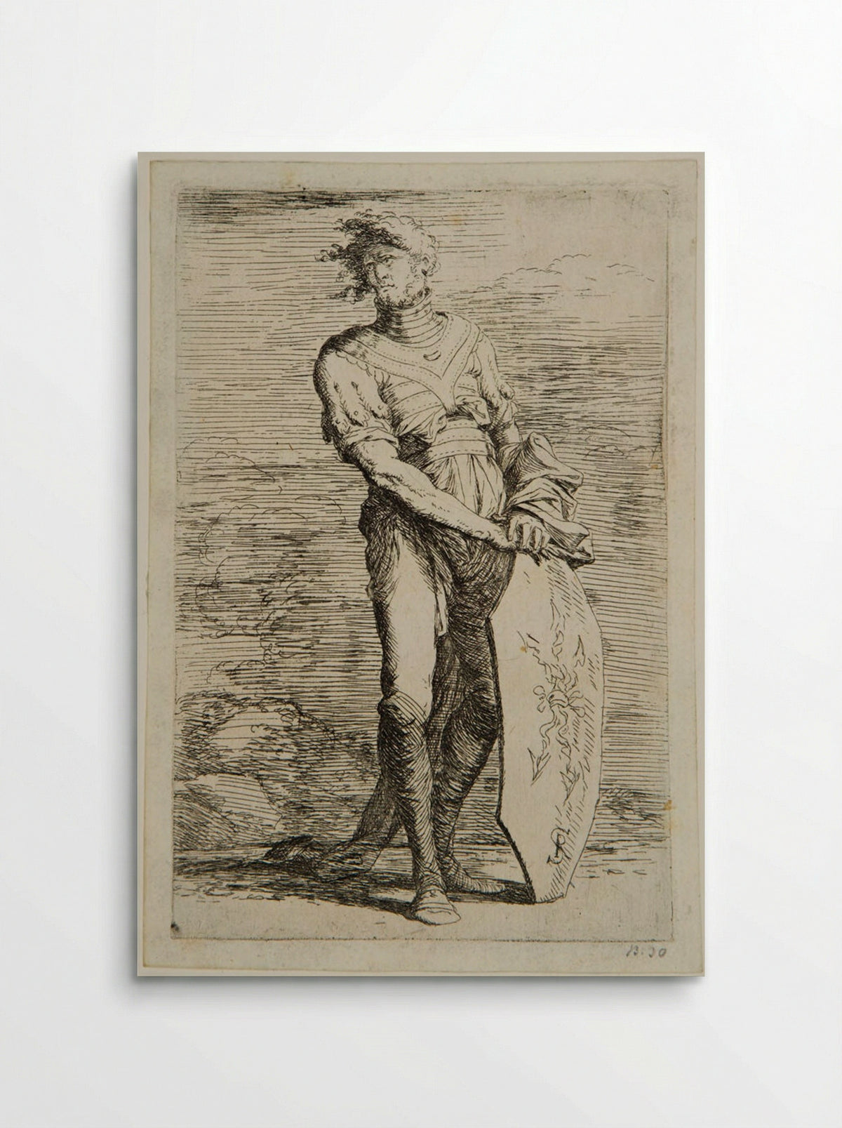 Soldier with his Hair in the Wind, Leaning on a Shield - Salvator Rosa - Poster