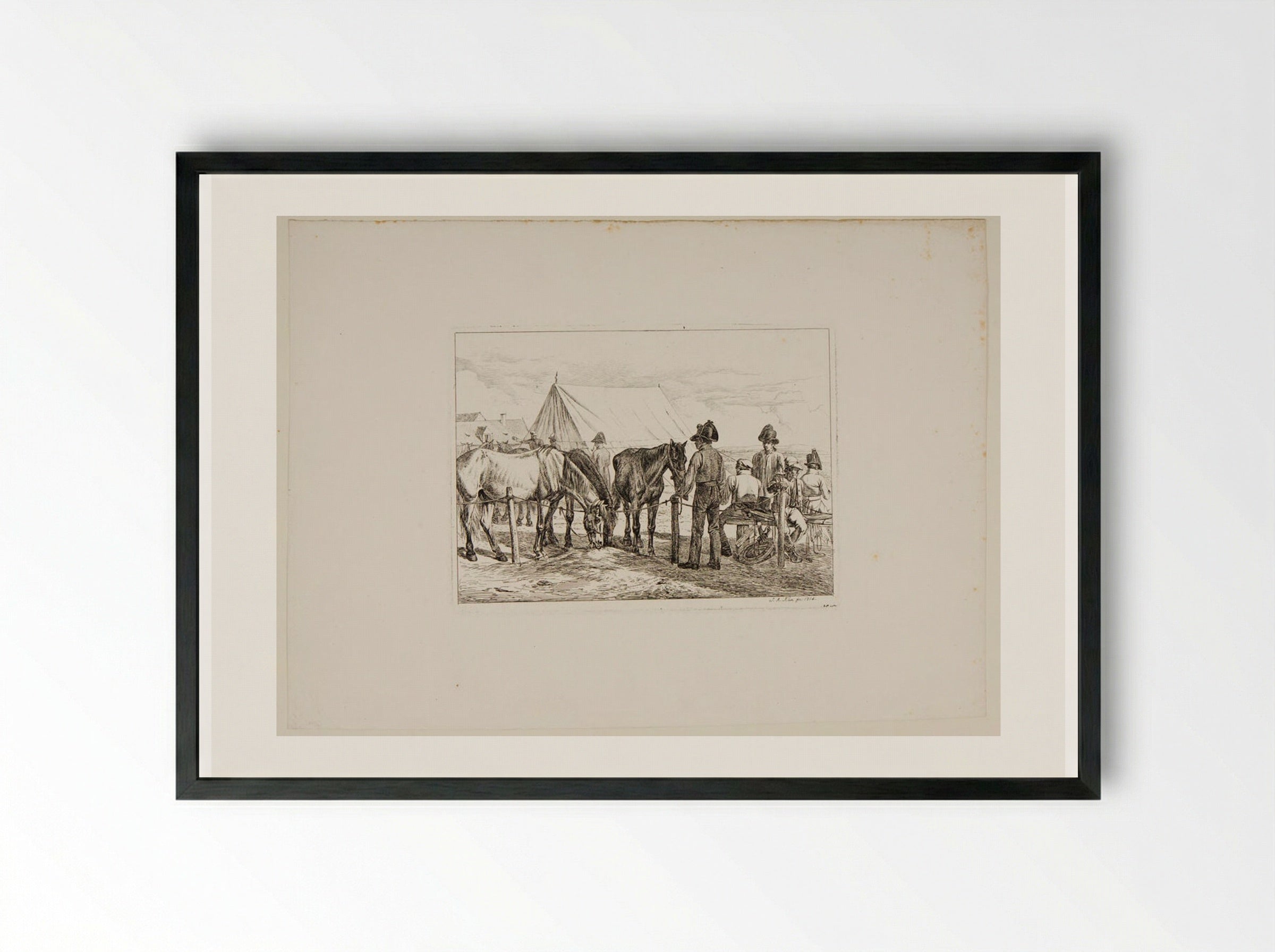 Soldiers Feeding the Horses at the Military Camp - Johann Adam Klein - Framed Print Black